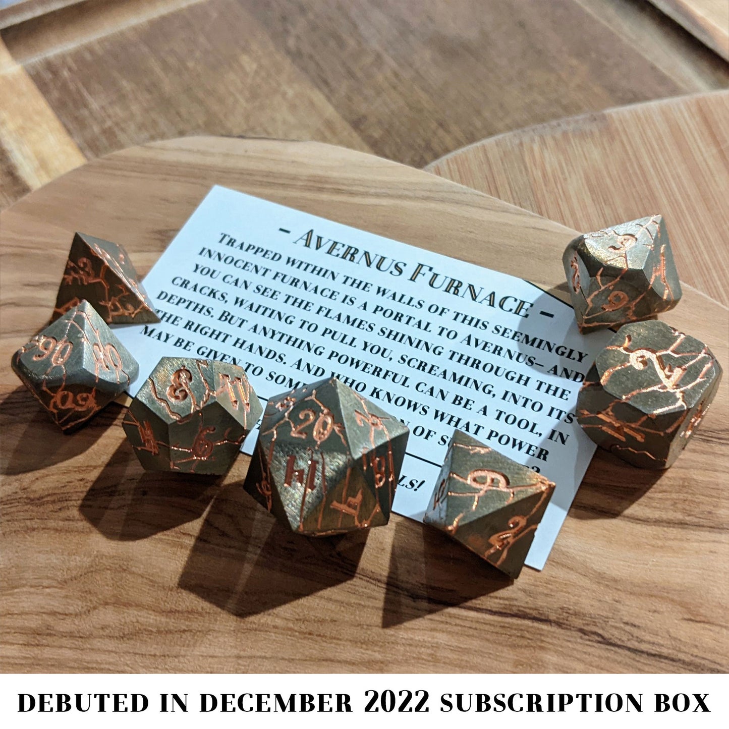 Avernus Furnace is an 8-piece brushed pewter metal set cracked with veins of bright copper.