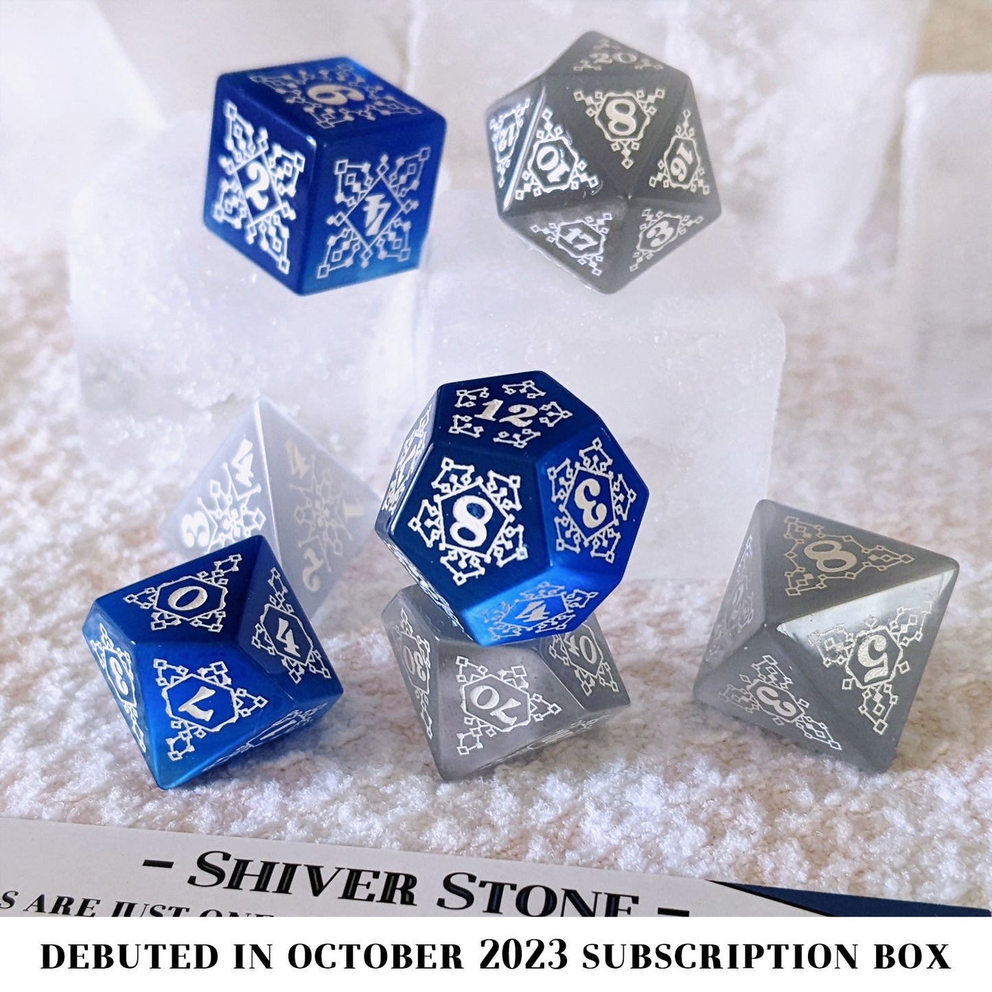 Shiver Stone is a 7-piece, blue and silver stone set in our exclusive Frost design, inked in white.