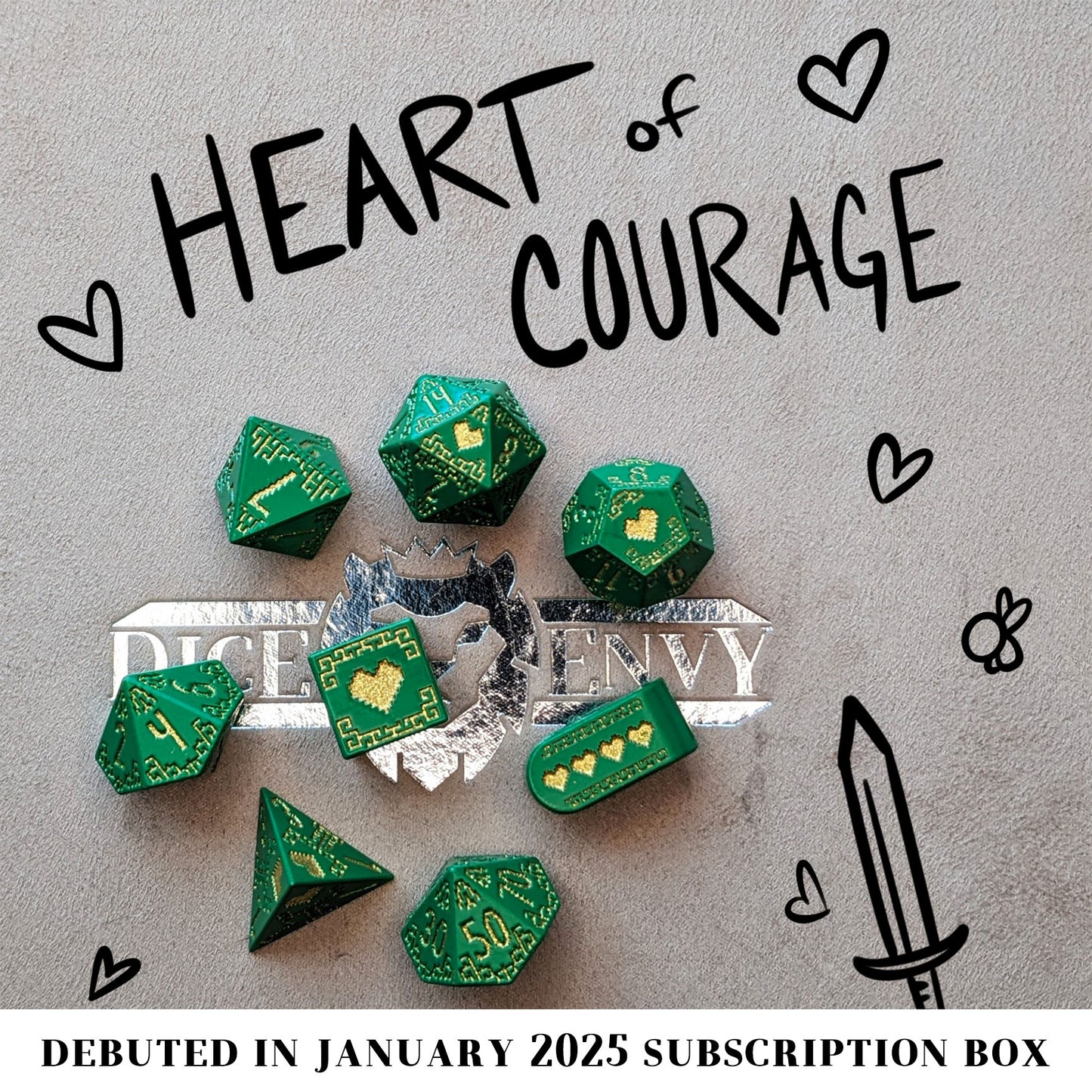 Heart of Courage is an 8-piece Dice Envy Exclusive metal set in matte green with gold ink. Based on the design of our popular Pixel Hearts Infinity d4s, it's a heroic classic!