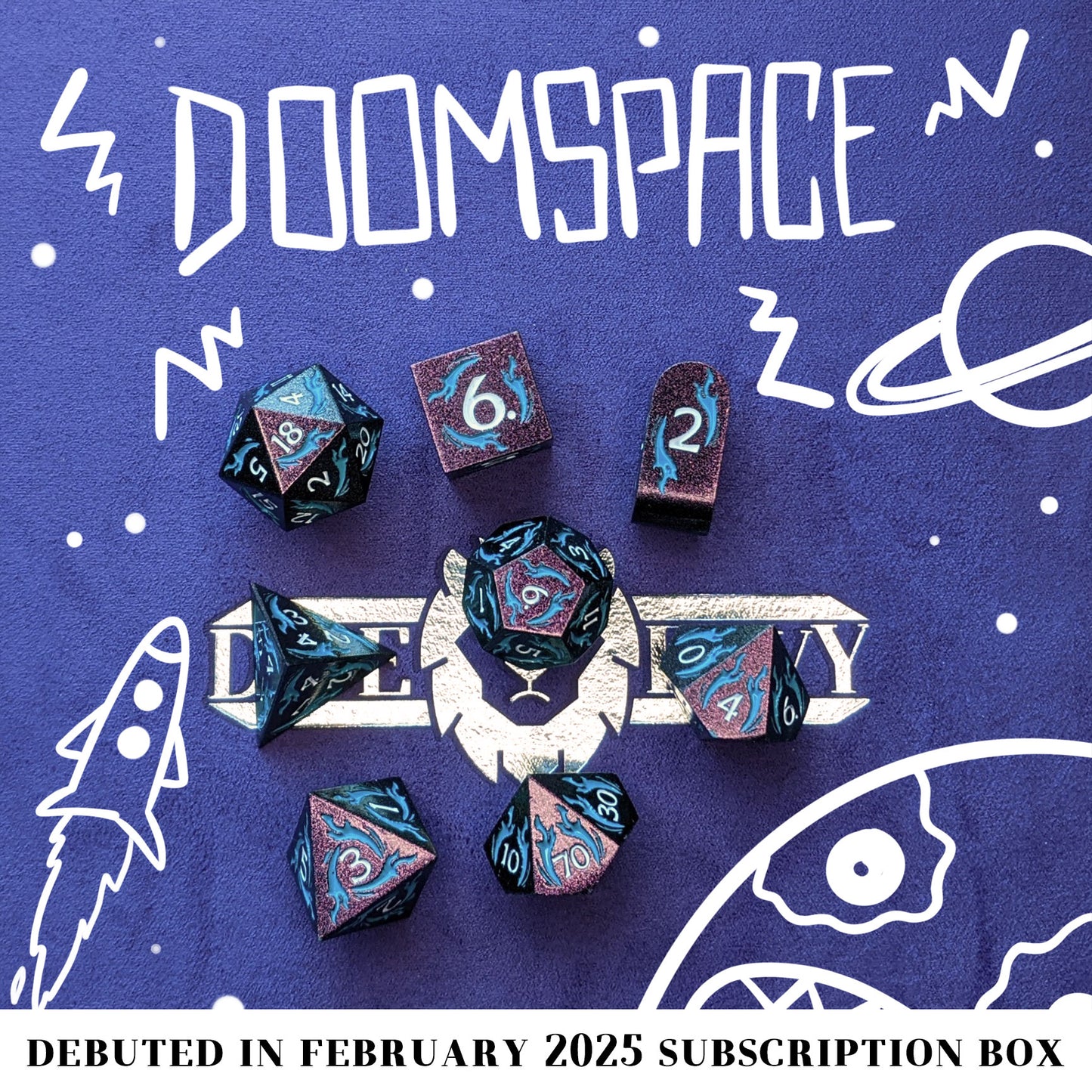 Doomspace is an 8-piece metal set in color-shifting purple-green with tendrils of teal enamel, inked in white.