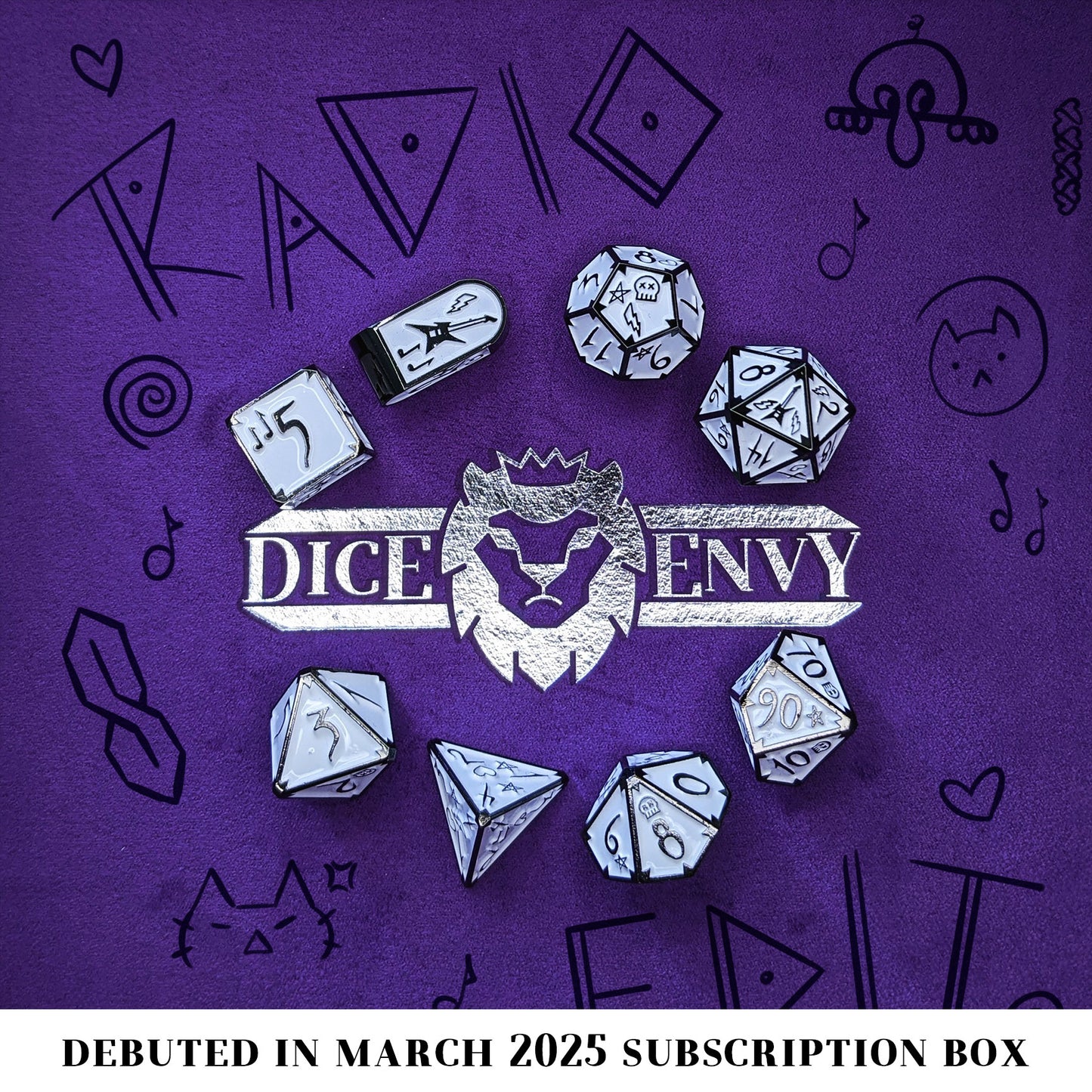 Radio Edit is an 8-piece Dice Envy Original set in black metal and white enamel, embellished with guitars and punk notebook marginalia.