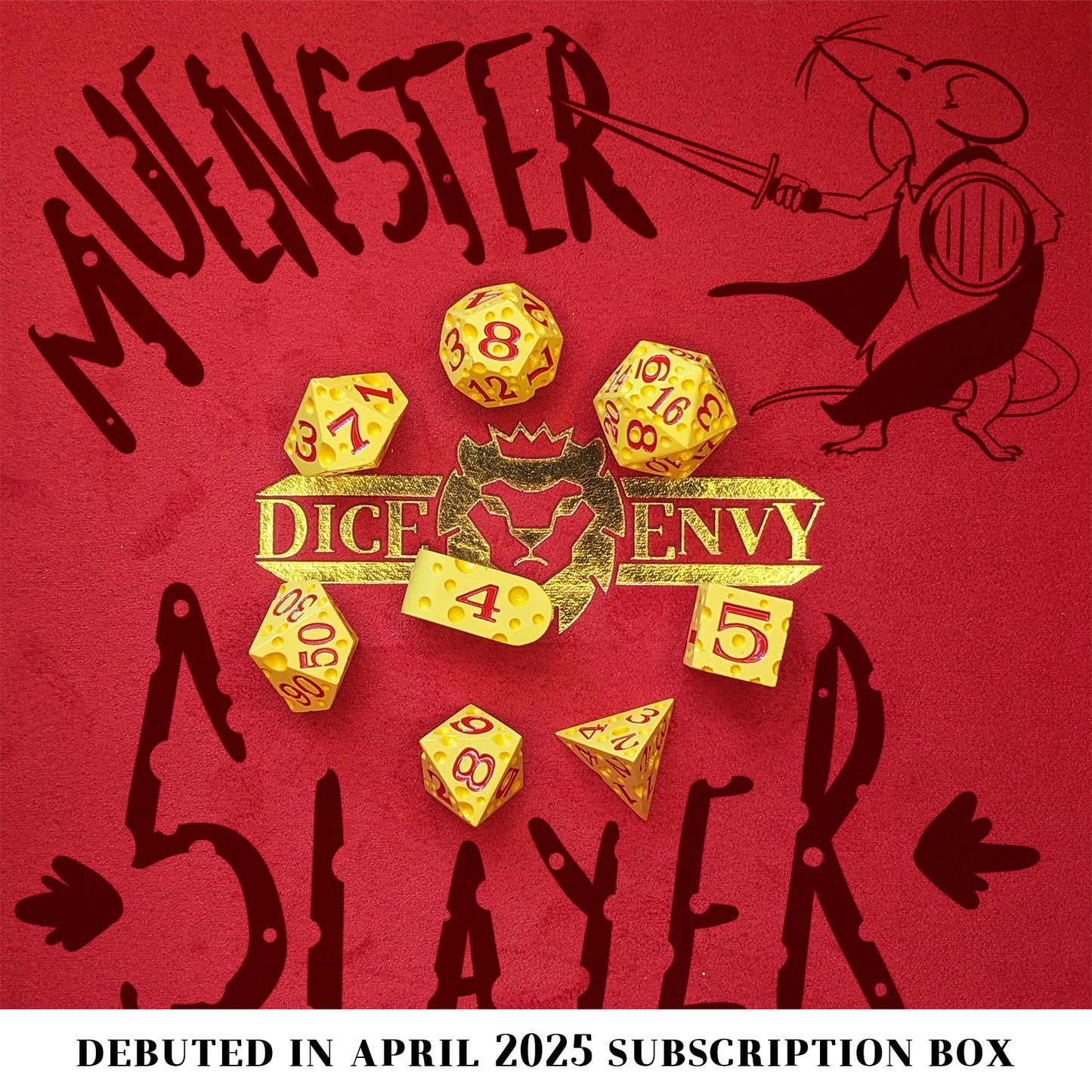 Muenster Slayer is an 8-piece metal set in cartoon-mouse-bait yellow, inked in bright red.