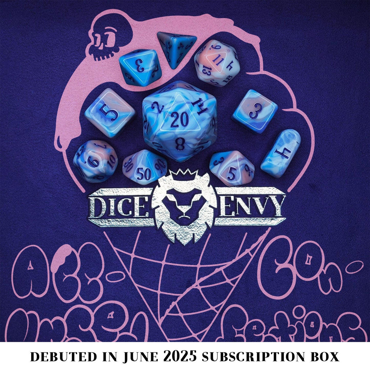 Accursed Confections is a 10-piece set of swirled acrylic dice in sugary blue, pink, purple, and white with dark purple ink.