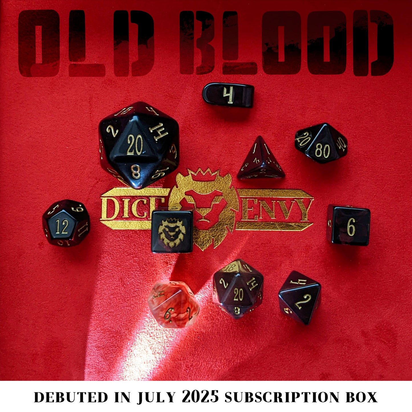 Old Blood is a 10-piece set of black and burgundy-swirled acrylic dice, inked in aged gold.