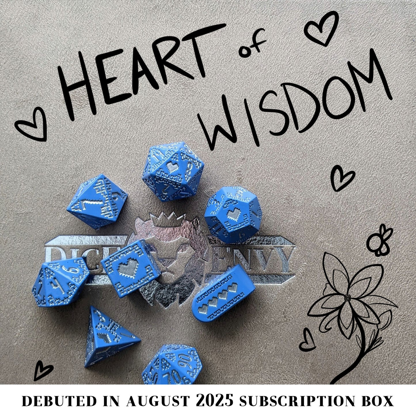 Heart of Wisdom is an 8-piece Dice Envy Original metal set in bright blue with silver ink. An echo and partner to our Heart of Courage set.