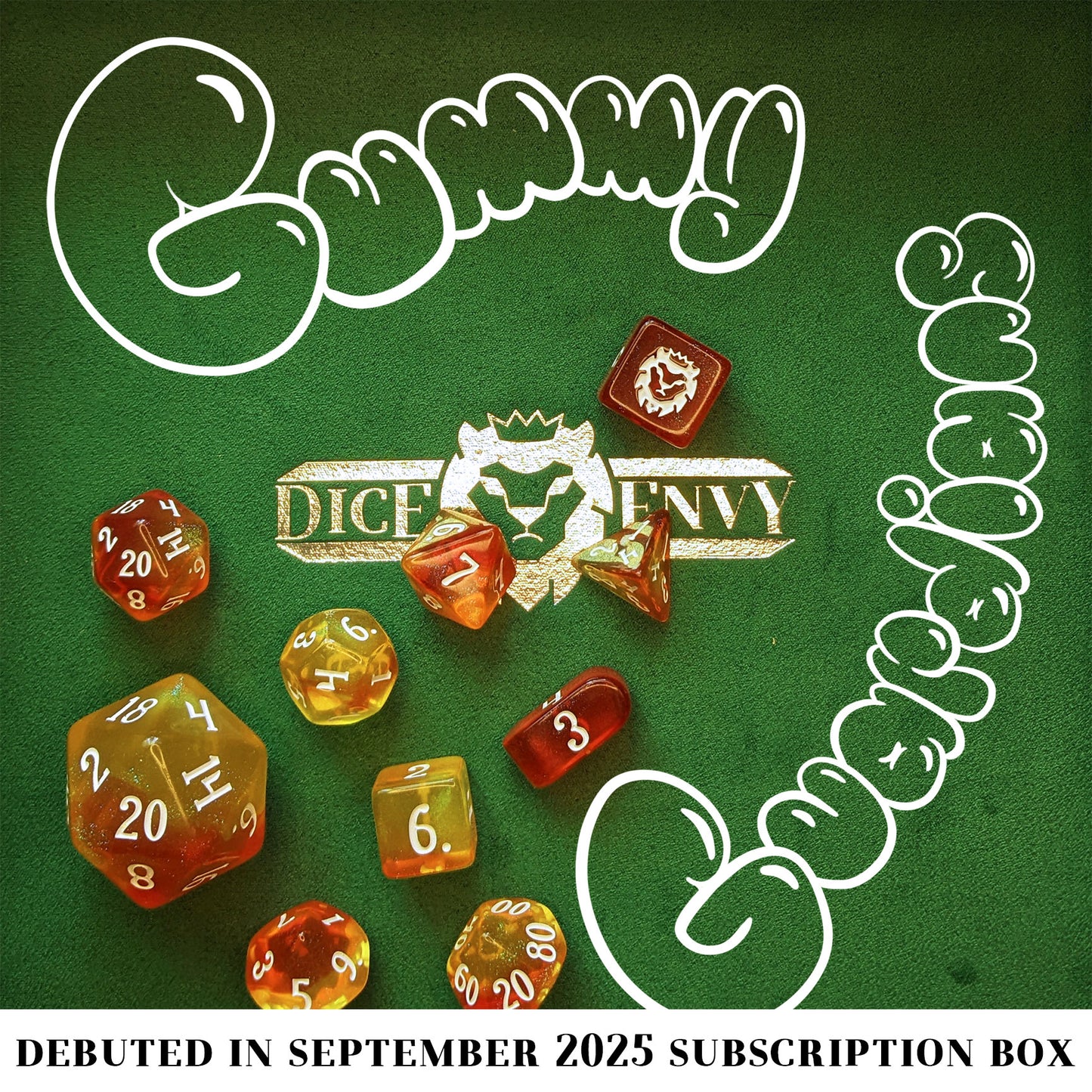 Gummy Guardians is a red and yellow transparent acrylic 10-piece set, inked in sugary white.