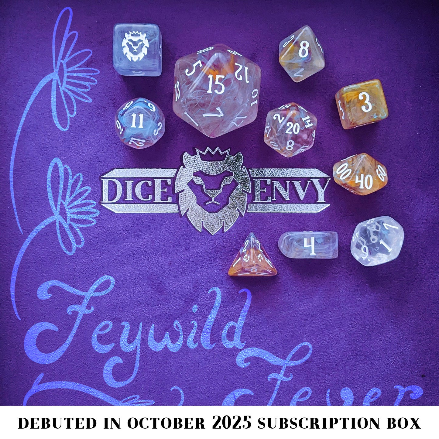 Feywild Fever is a 10-piece translucent acrylic set filled with senseless swirls of pink, orange, blue, and purple - inked in maddening white.
