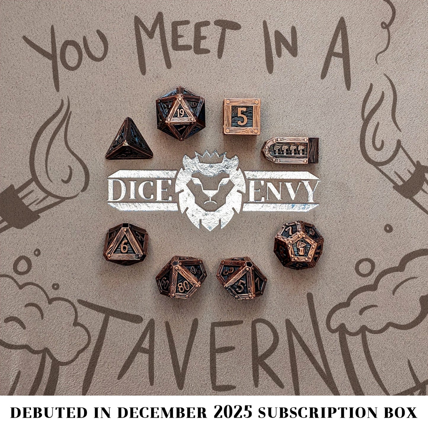 You Meet In A Tavern is a Dice Envy Original 8-piece set of aged copper metal dice in our new Crate mold.