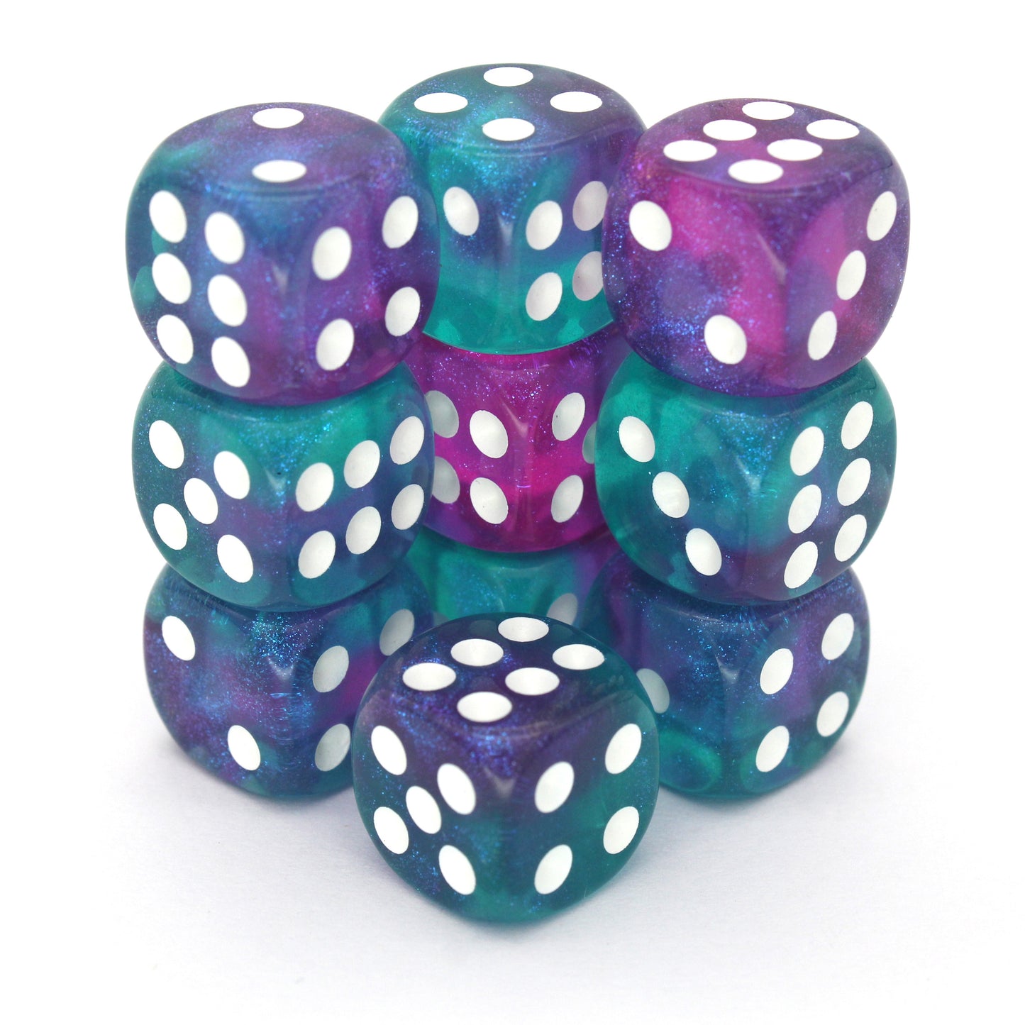 Arch Anemone is a 10-piece set of swirled translucent blue and purple 12mm d6s, with pips inked in white.