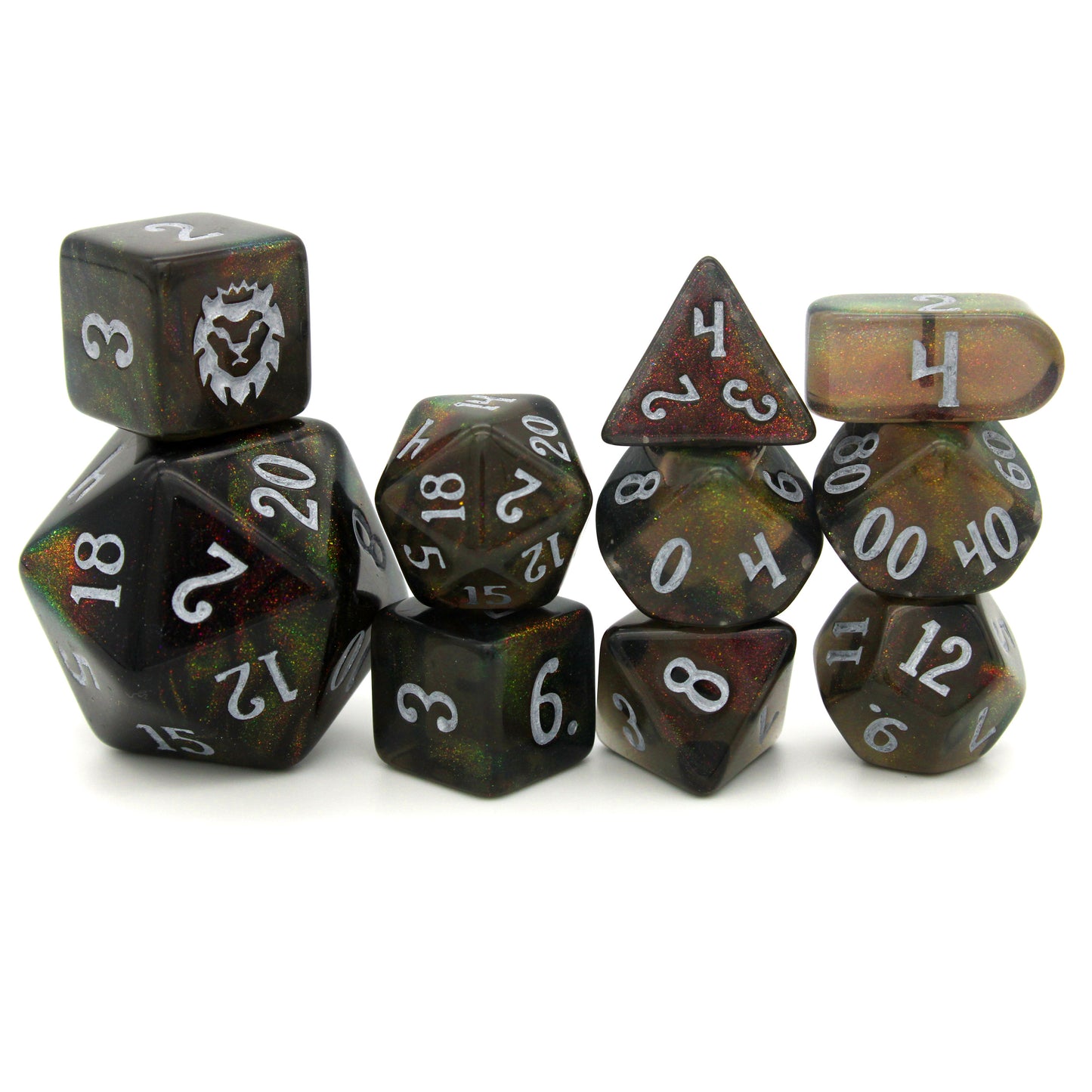 Archfeylien (by the die) individual dice feature spacey, color-shifting microglitter, inked in white.