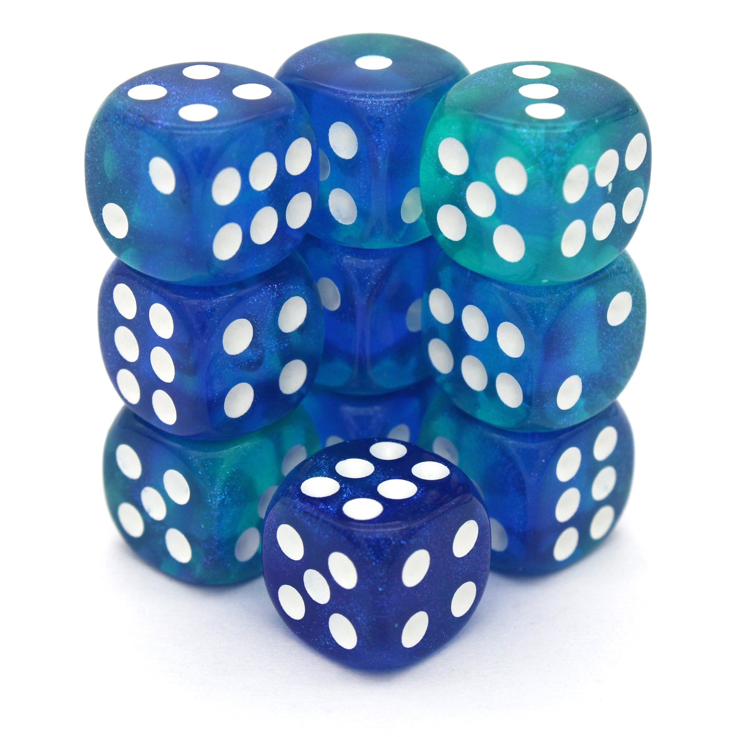Broadside Combat is a 10-piece set of blue and teal translucent 12mm d6s, with white inked pips. They are part of our Pip-Squeaks collection.