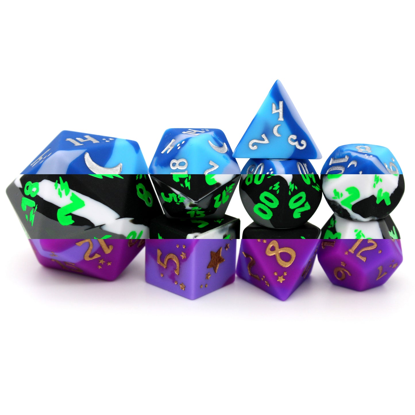 Chaotic Neutral is an 8-piece, swirled silicone dice set in bright blues and greys. It features a moonlit silver ink design.