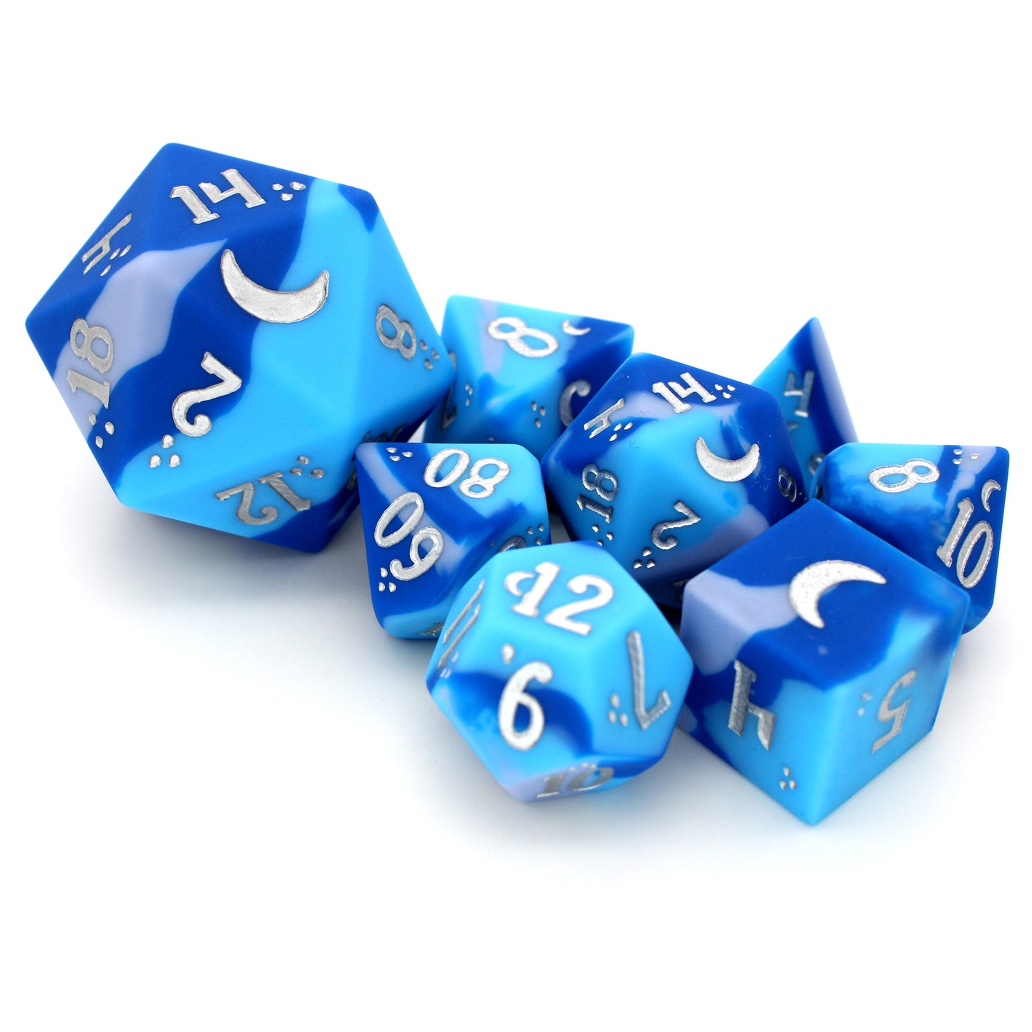 Chaotic Neutral is an 8-piece, swirled silicone dice set in bright blues and greys. It features a moonlit silver ink design.