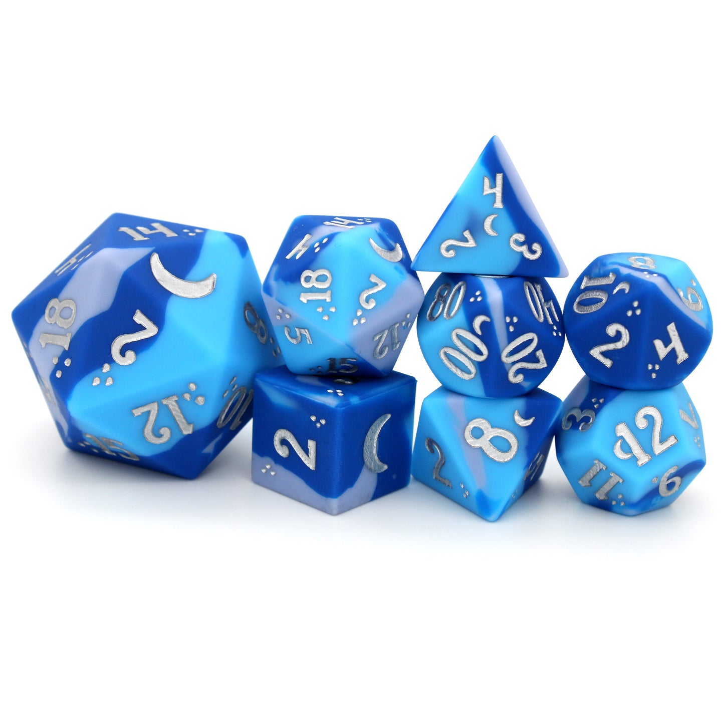 Chaotic Neutral is an 8-piece, swirled silicone dice set in bright blues and greys. It features a moonlit silver ink design.