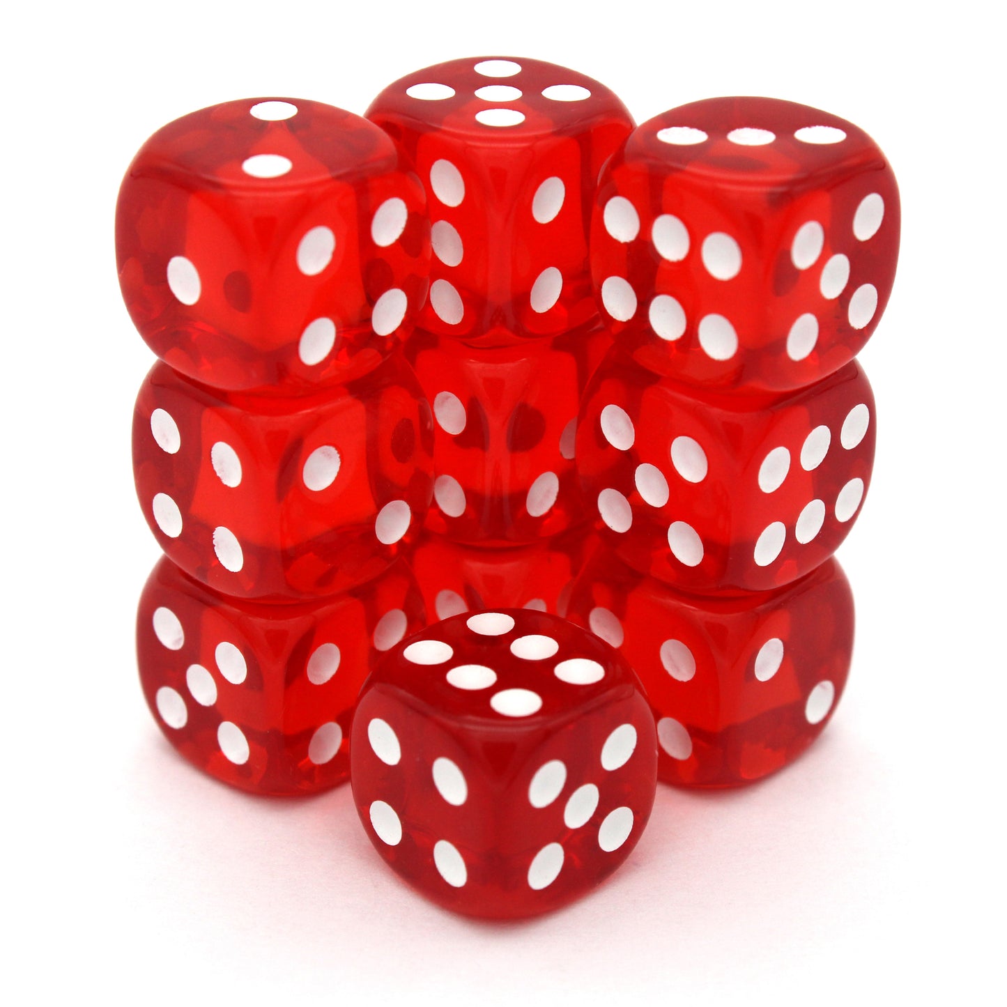 Cherry Chargers is a 10-piece set of translucent red 12mm d6s, with pips inked in white. They are part of our Pip-Squeaks collection.