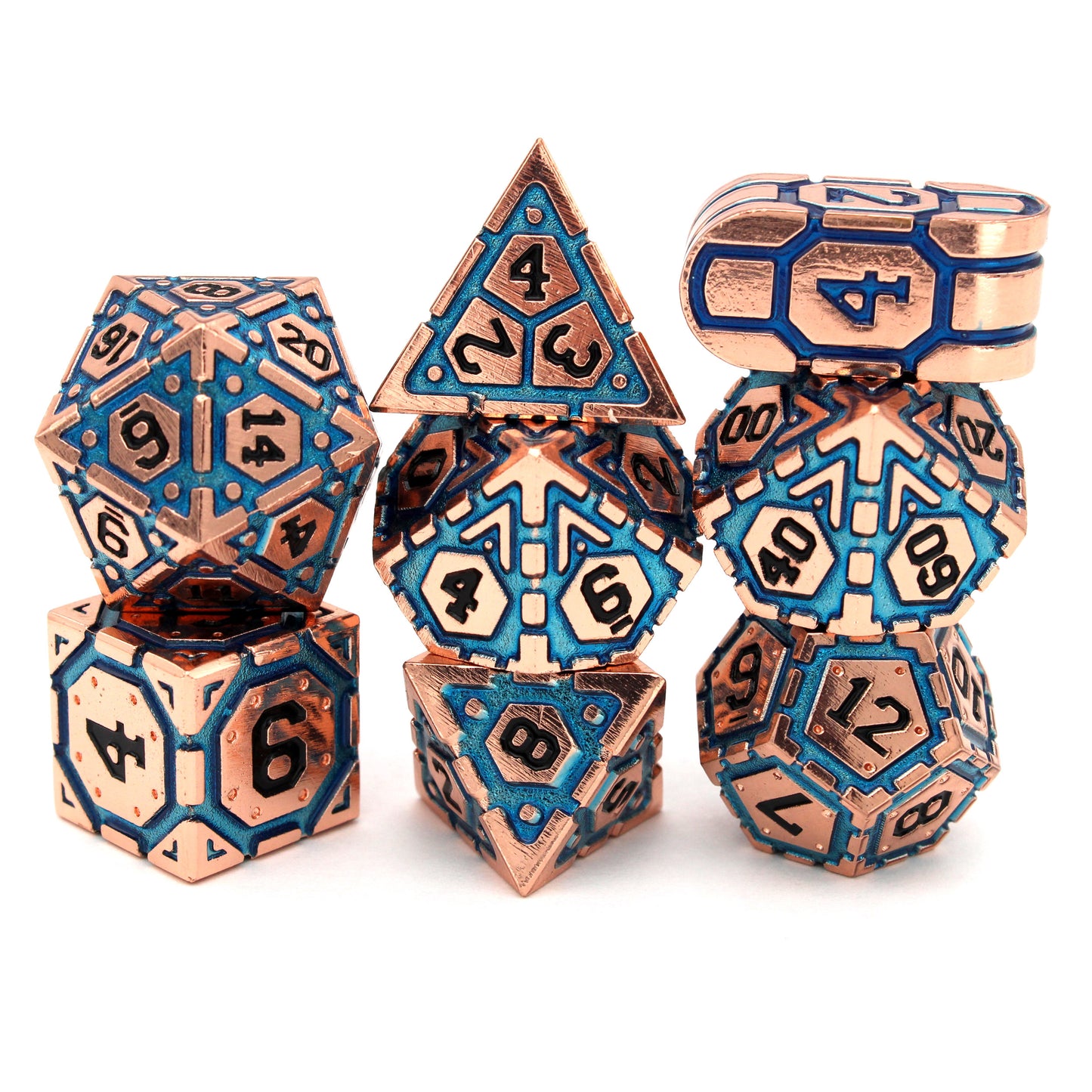 Clockwork Soul is an 8-piece set of shiny copper metal dice with glittering blue enamel, inked in black. Includes an exclusive Infinity Movement d4.