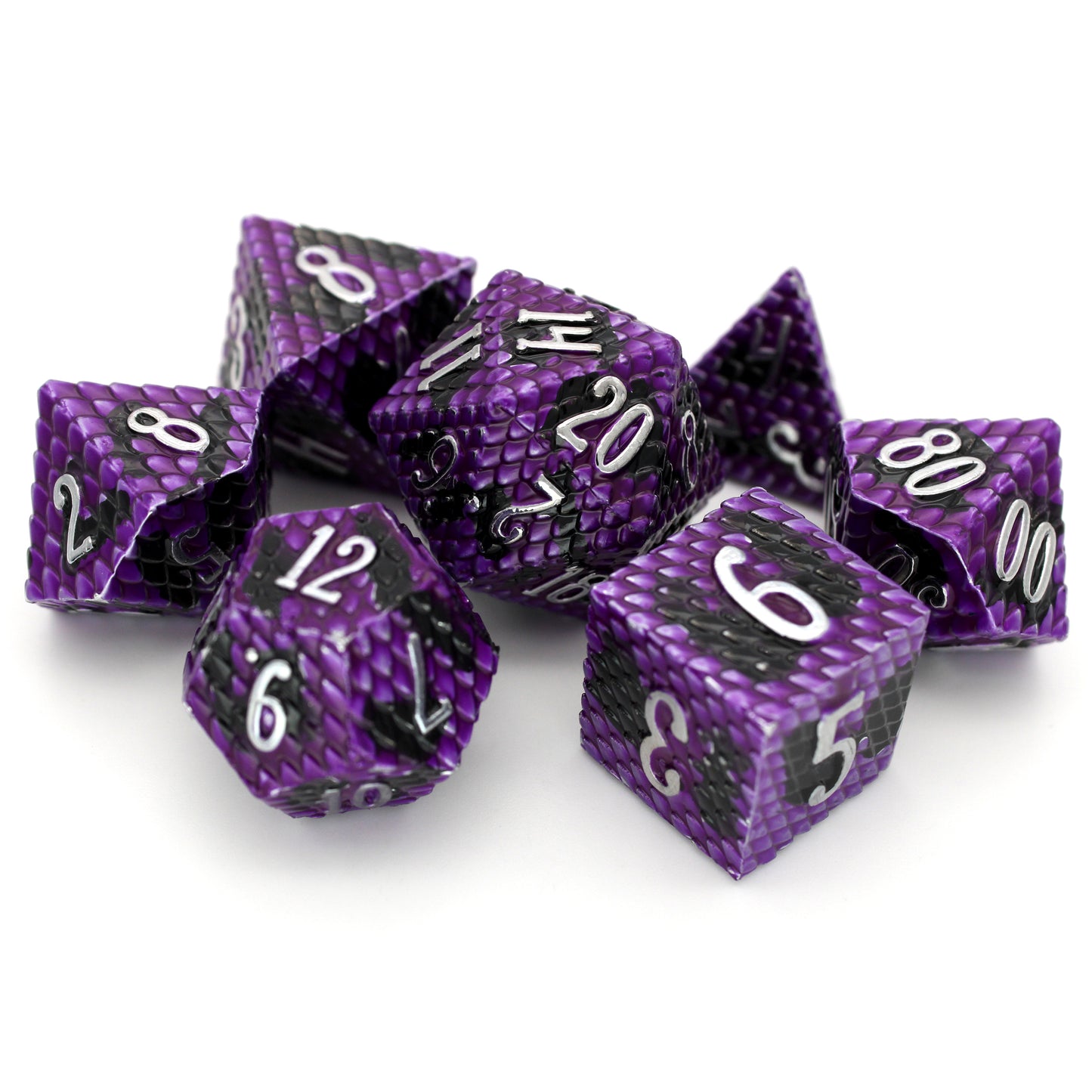 Deep Dragon is a 7-piece purple and black scaled metal set with cool silver numbering.