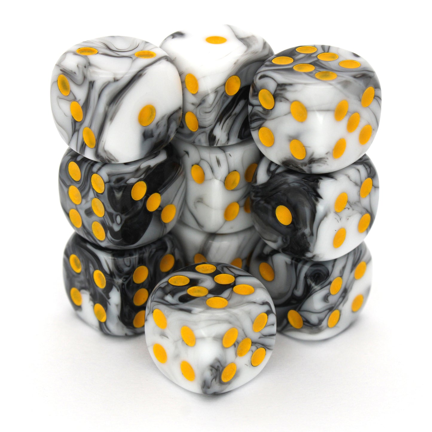 Dstroyer is a 10-piece set of black and white 12mm d6s, with pips inked in goldenrod yellow. They are part of our Pip-Squeaks collection.