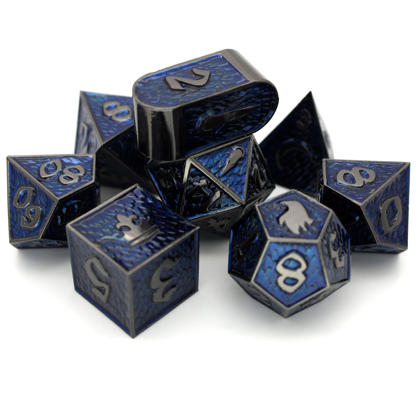 Duskmaven is an 8-piece Dice Envy exclusive set of dark, gunmetal dice in our Raven Queen mold, cloaked in twilight blue ink.