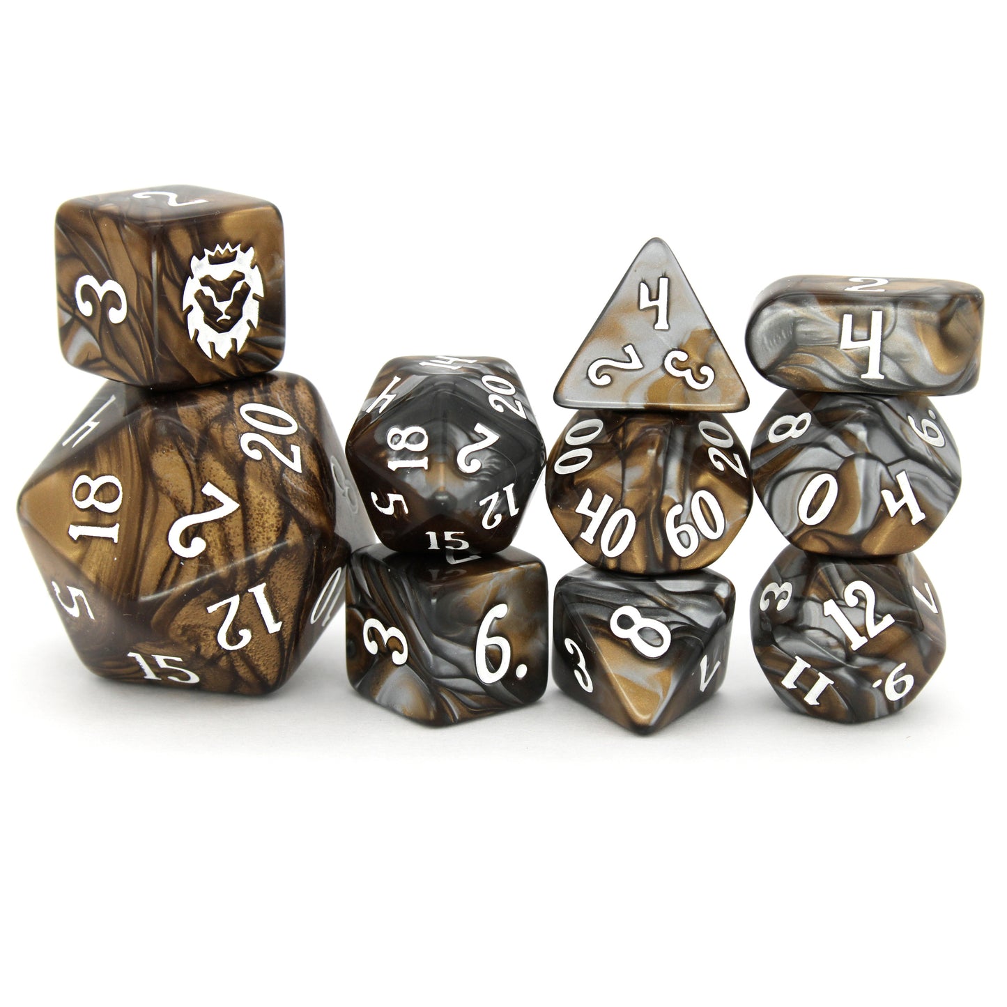 Earthquake is a 10-piece, swirled acrylic set in earthy browns and shiny silvers, inked in a deceptively calm white.