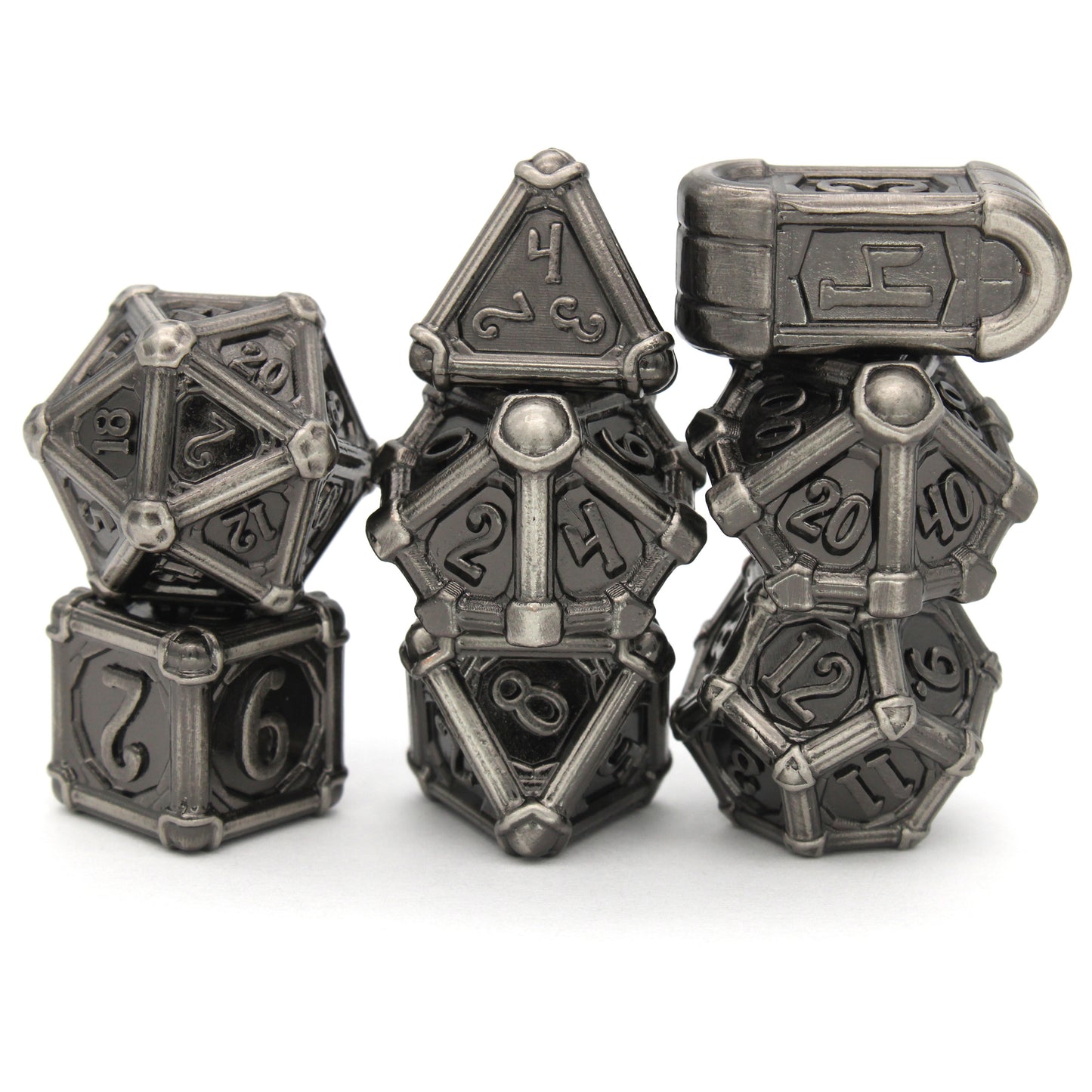 Fors Fortuna is an 8-piece Dice Envy Original set of ancient silver colored metal dice in our Colonnade mold.