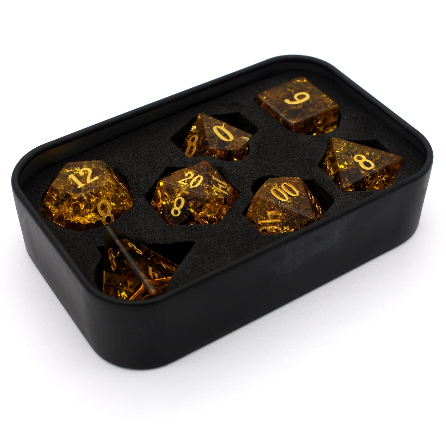 Golden Hour is a 7-piece set of amber crystal dice with a crackle effect and gold numbering.