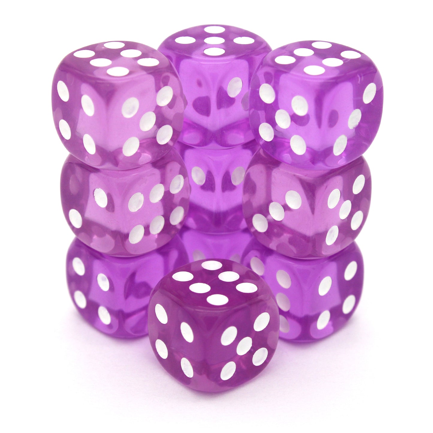Grape Grunts is a 10-piece set of translucent purple 12mm d6s, with white inked pips. They are part of our Pip-Squeaks collection.