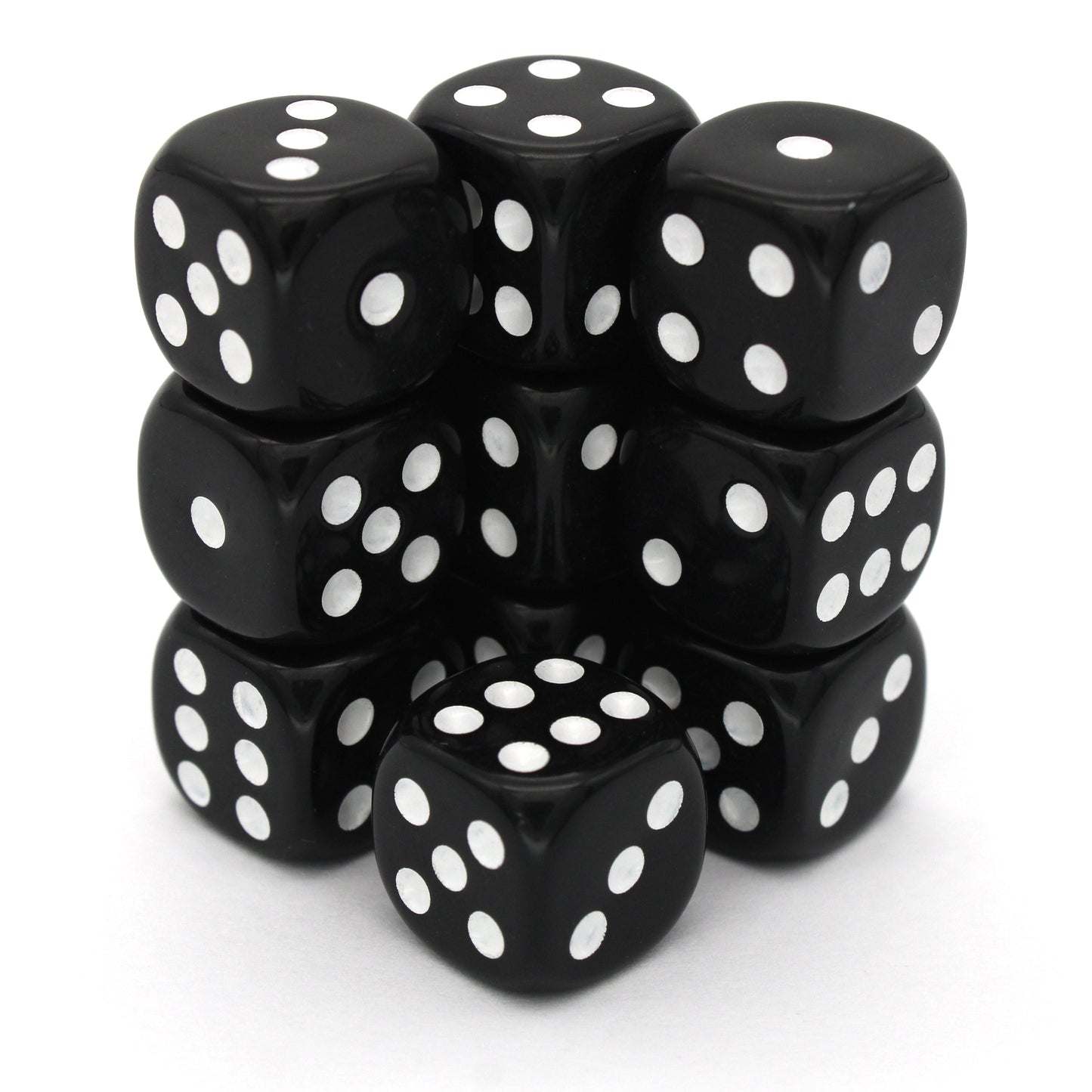 Inkspill Inquisitors is a 10-piece set of black 12mm d6s, with pips inked in white. They are part of our Pip-Squeaks collection.