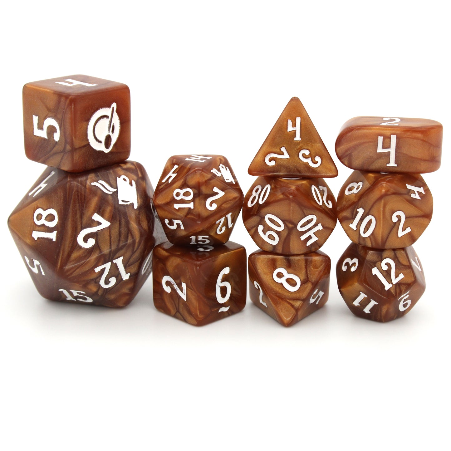 Java Elemental (by the die) individual dice are engraved resin featuring swirling caramel browns with coffee icons inked in milk white.