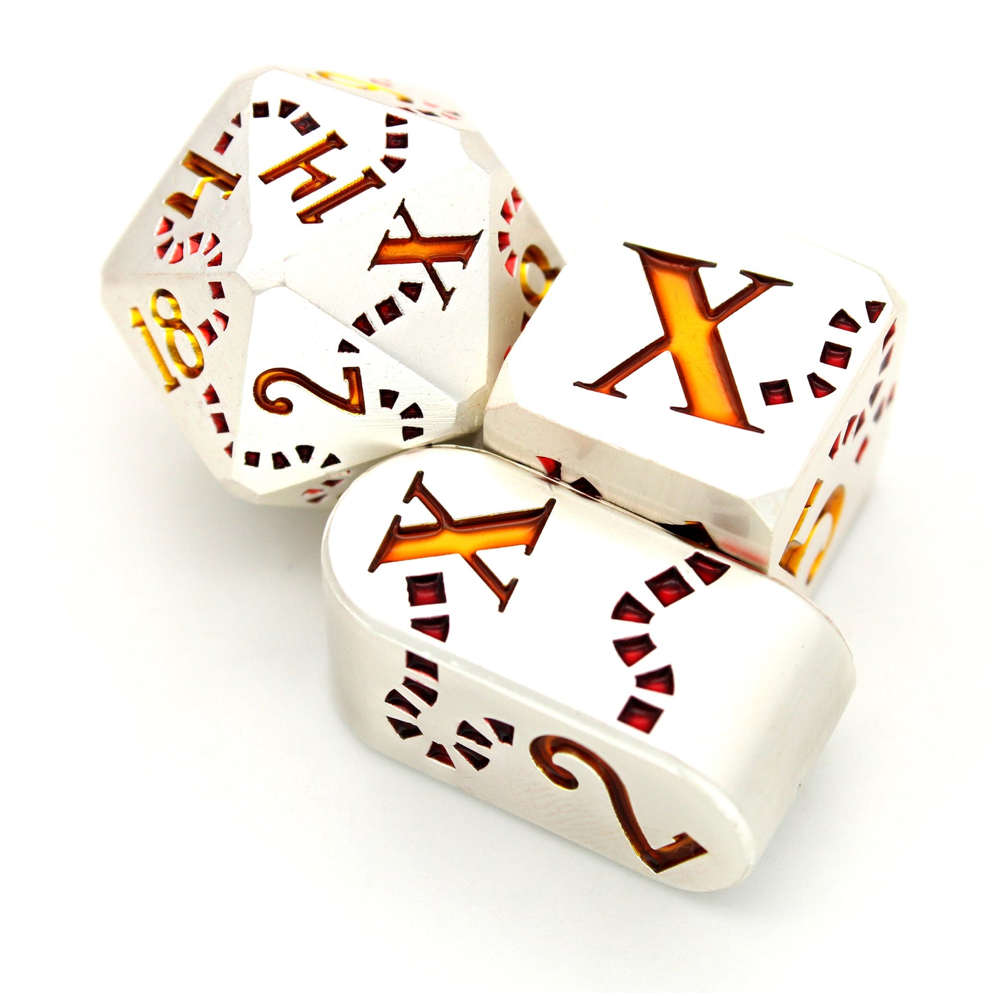 Jolly Roger is a Dice Envy Exclusive 8-piece set of silver metal dice with a treasure map engraving inked in red and gold. It is part of the Pirate Dice collection.