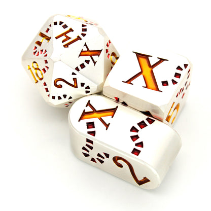Jolly Roger is a Dice Envy Exclusive 8-piece set of silver metal dice with a treasure map engraving inked in red and gold. It is part of the Pirate Dice collection.