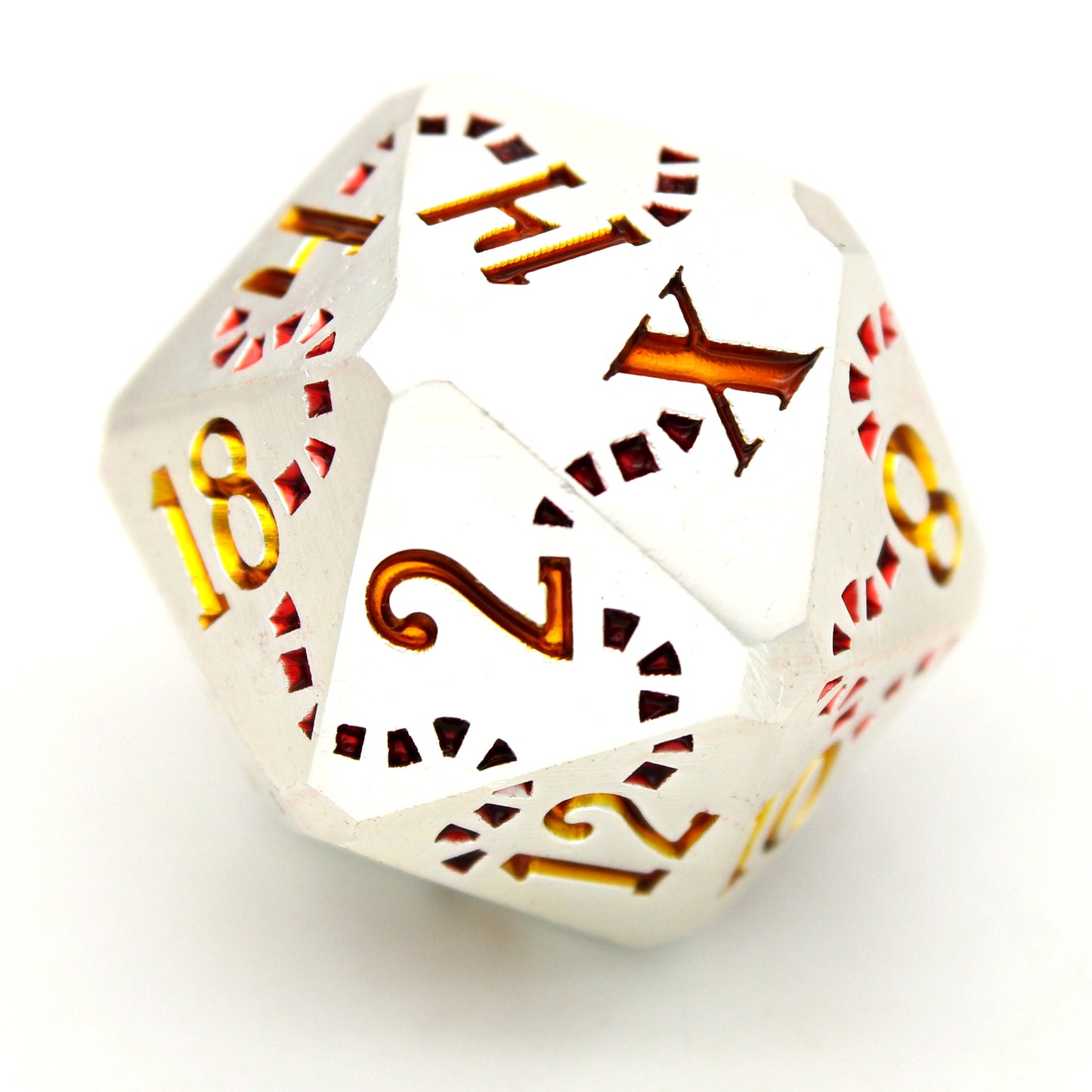 Jolly Roger is a Dice Envy Exclusive 8-piece set of silver metal dice with a treasure map engraving inked in red and gold. It is part of the Pirate Dice collection.