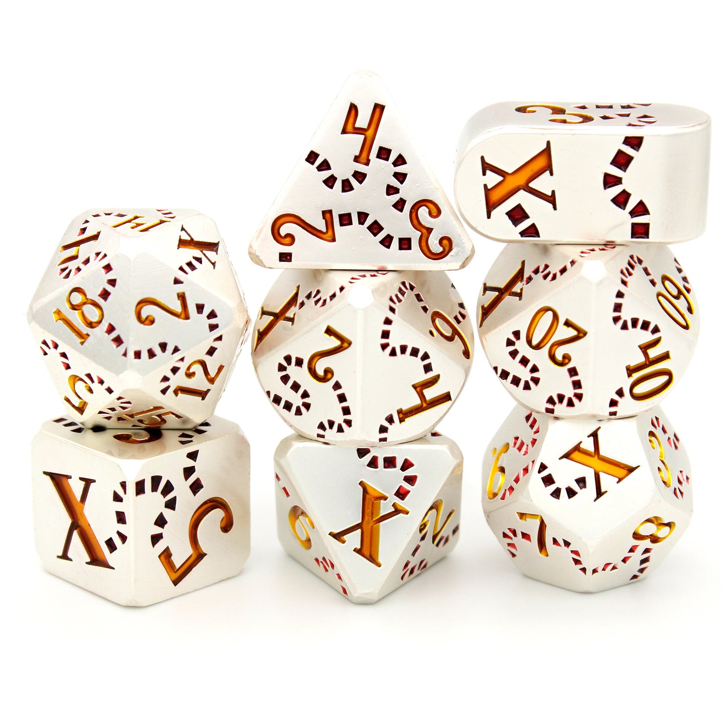 Jolly Roger is a Dice Envy Exclusive 8-piece set of silver metal dice with a treasure map engraving inked in red and gold. It is part of the Pirate Dice collection.