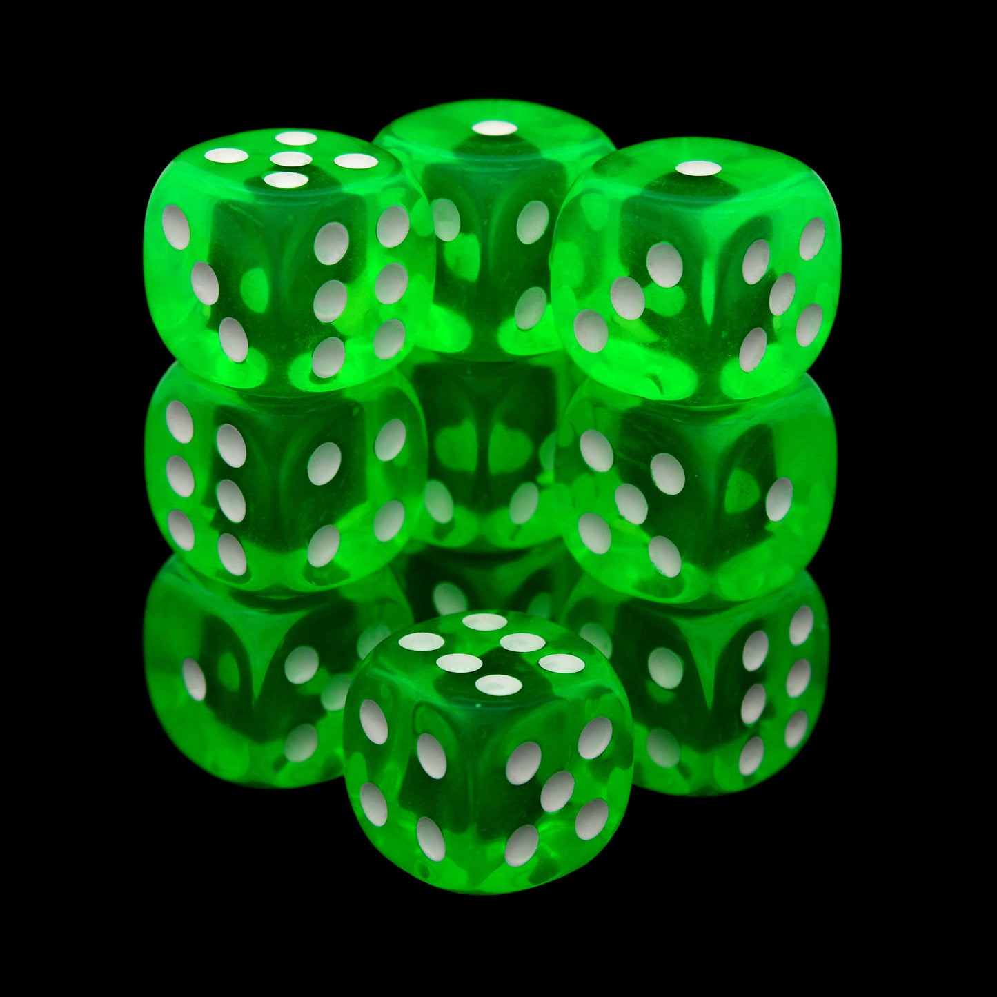 Limeageddon is a 10-piece set of translucent green 12mm d6s, with white inked pips. They are part of our Pip-Squeaks collection.
