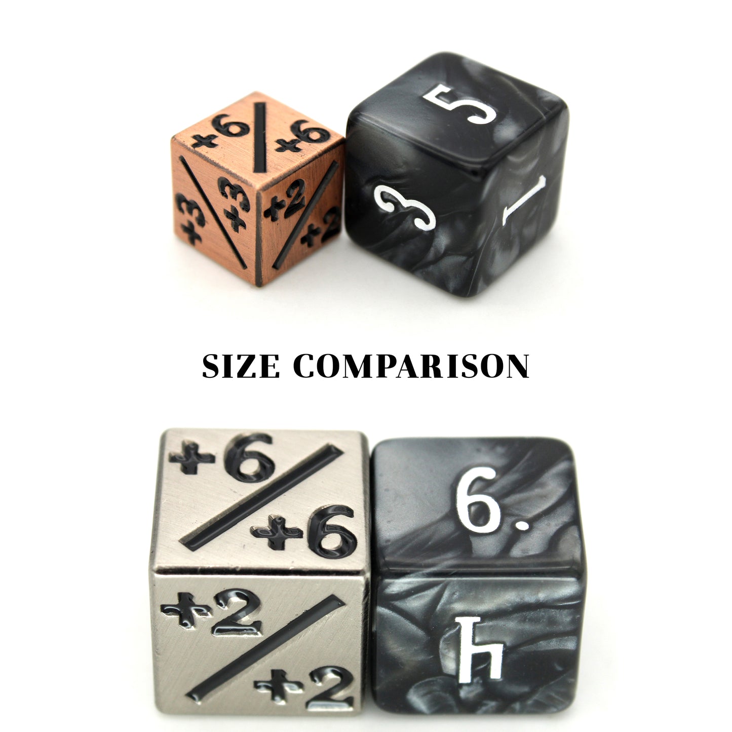 Magic Counters - Small are individual shiny, copper six-sided +1/+1 through +6/+6 dice for use with Magic the Gathering.