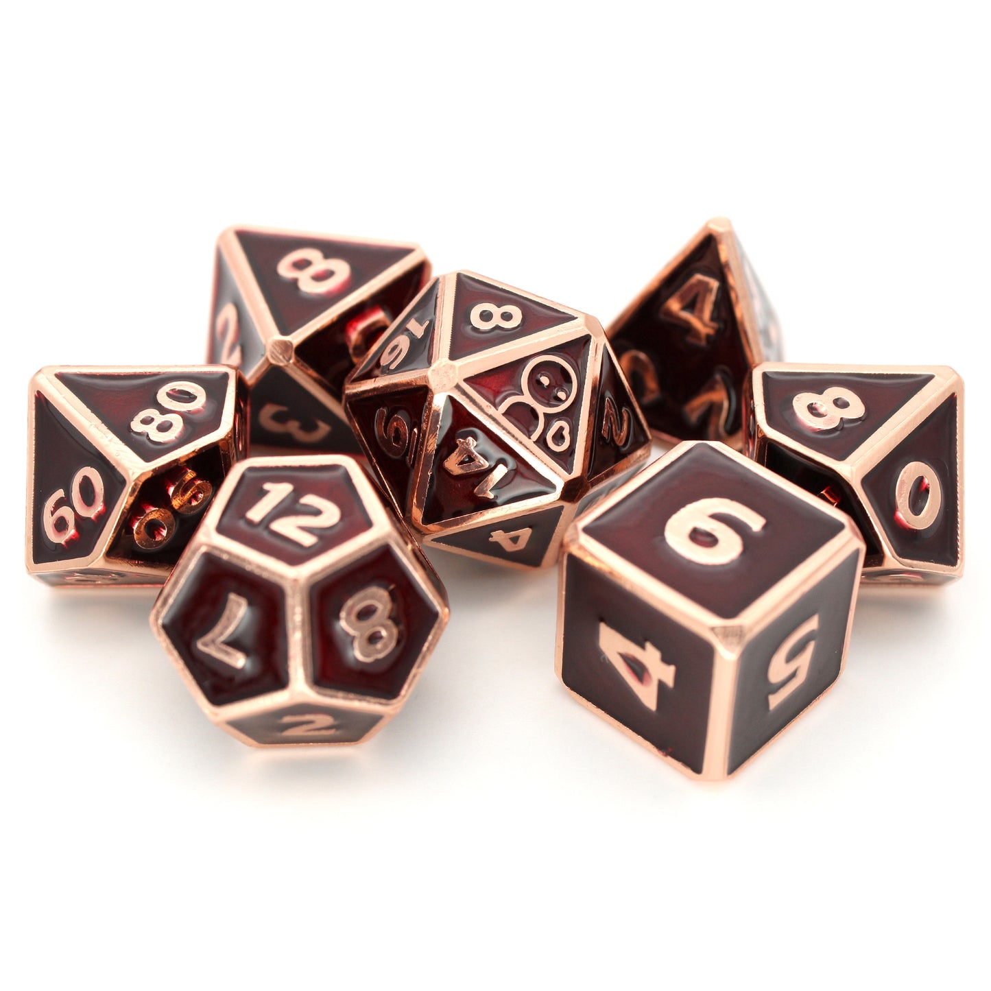 Mortimer is a 7-piece rose gold, framed metal set filled with a deep, crimson enamel. It is part of the Adventure Is Nigh collection.