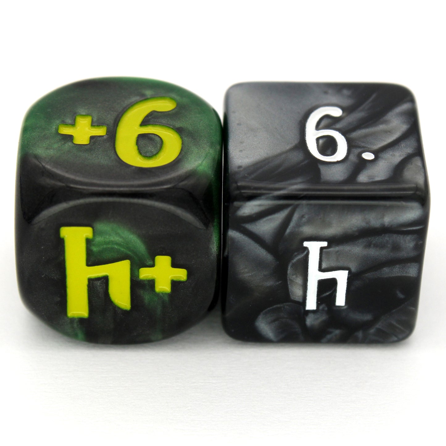 Magic Guild Counters - Haunt & Harvest are a 5-piece set of 16mm, swirled black and green d6 dice for use with Magic the Gathering, available in positive and negative and inked in yellow.