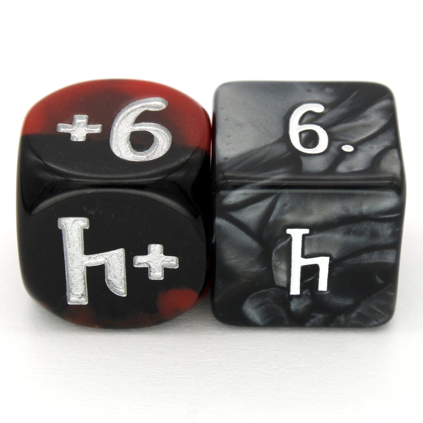 Magic Guild Counters - Damage & Deny are a 5-piece set of 16mm, swirled black and red d6 dice for use with Magic the Gathering, available in positive and negative and inked in silver.