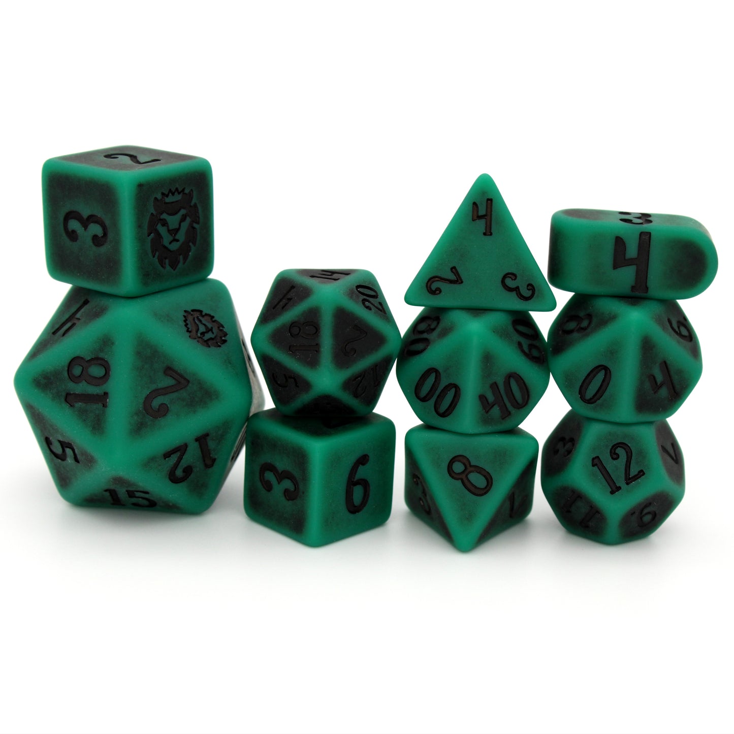 Naga Hide (by the die) are individual brilliant green resin dice with a matte finish and a darkened center pattern, inked in black. A fleshy part of our Monstrous Elements collection!