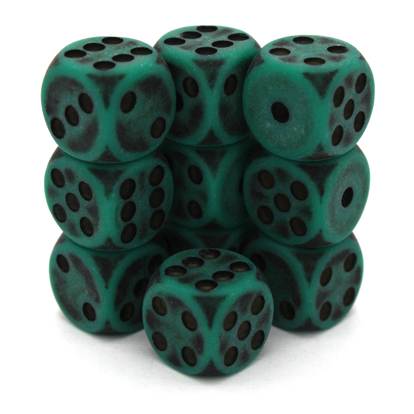 Naga Hide is a 10-piece set of matte green 12mm d6s, with a dark patina, and pips inked in black. They are part of our Pip-Squeaks collection.
