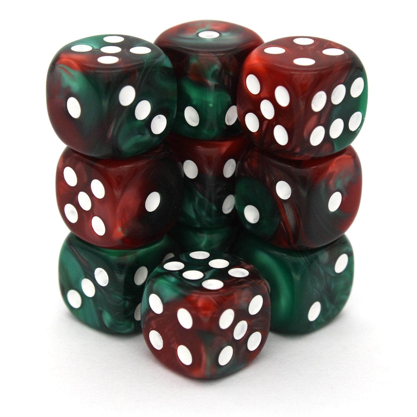 Nature's Fury is a 10-piece set of swirled red and green 12mm d6s, with pips inked in white. They are part of our Pip-Squeaks collection.