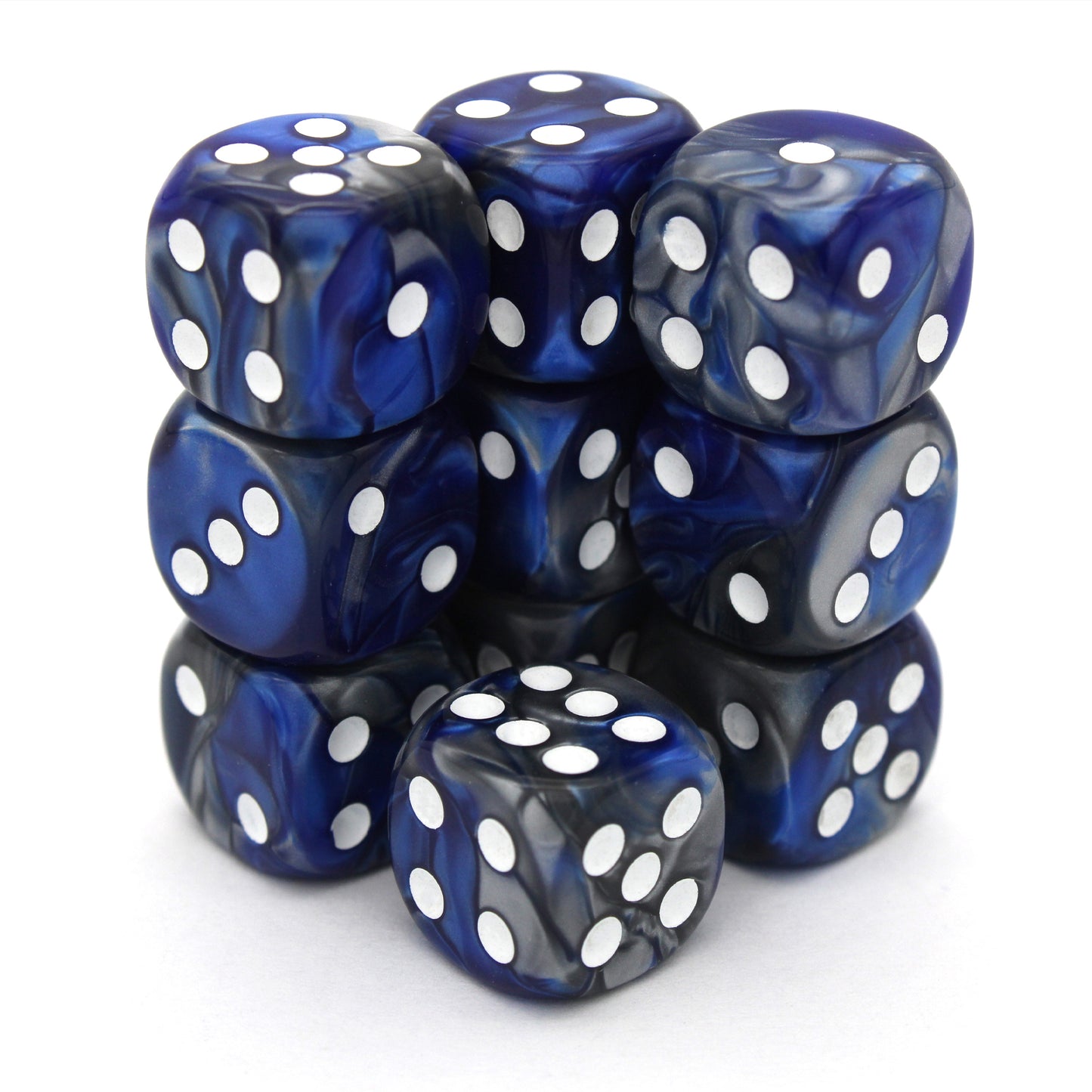 Naval Warfare is a 10-piece set of swirled blue and silver 12mm d6s, with pips inked in bright white. They are part of our Pip-Squeaks collection.