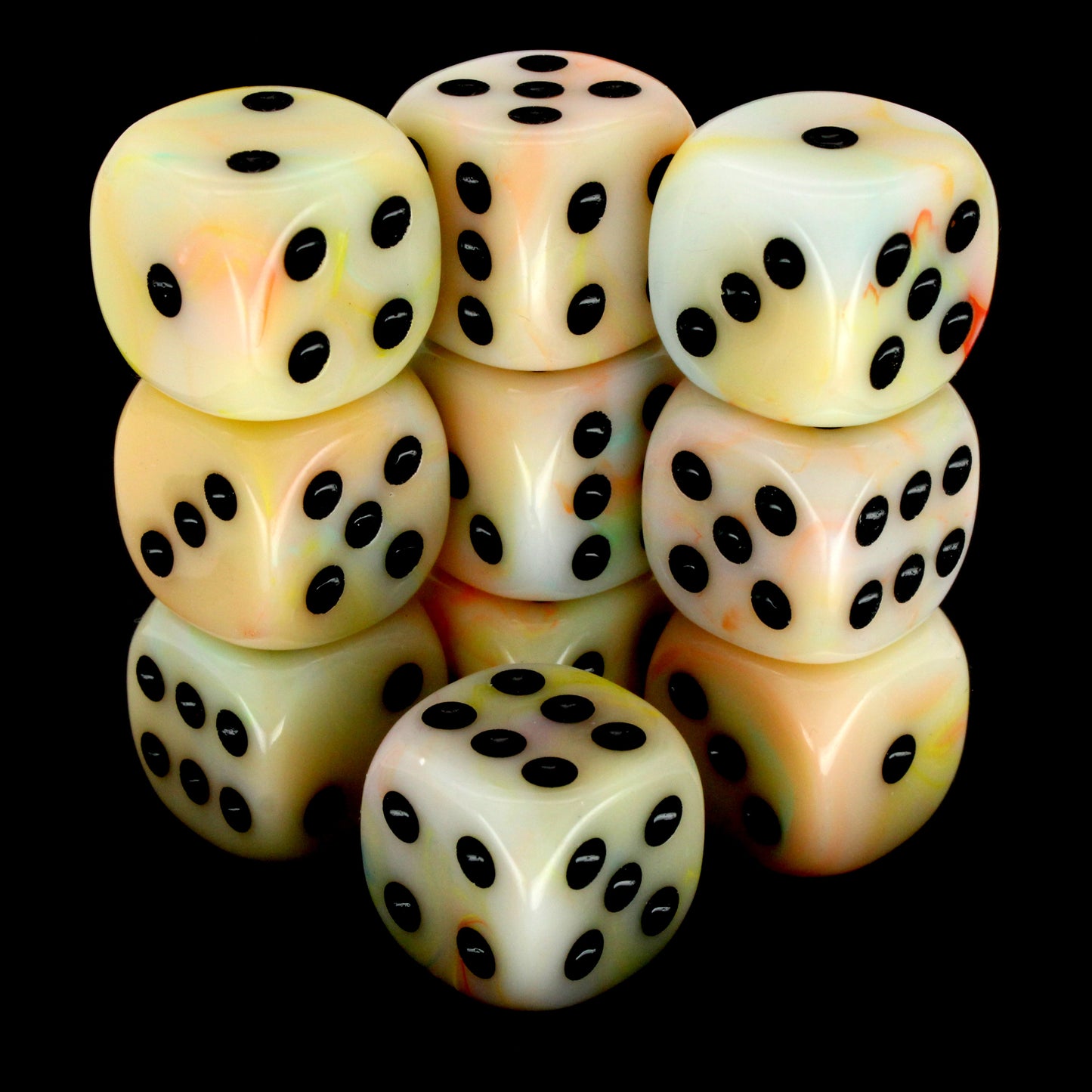 Nerd of Paradise is a 10-piece set of swirled, tropical pastel 12mm d6s, with pips inked in black.