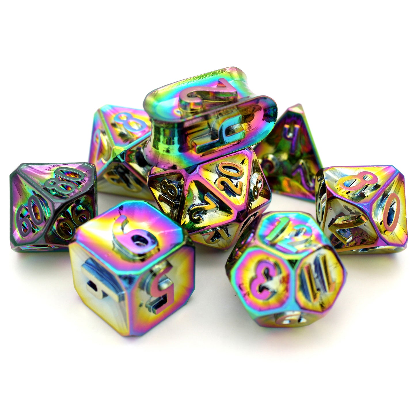 Oath of the Watchers is a Dice Envy Exclusive 8-piece set of zinc-alloy, concave, metal dice - neochrome in all the colors of the astral plane. It is part of the Oathbound collection.