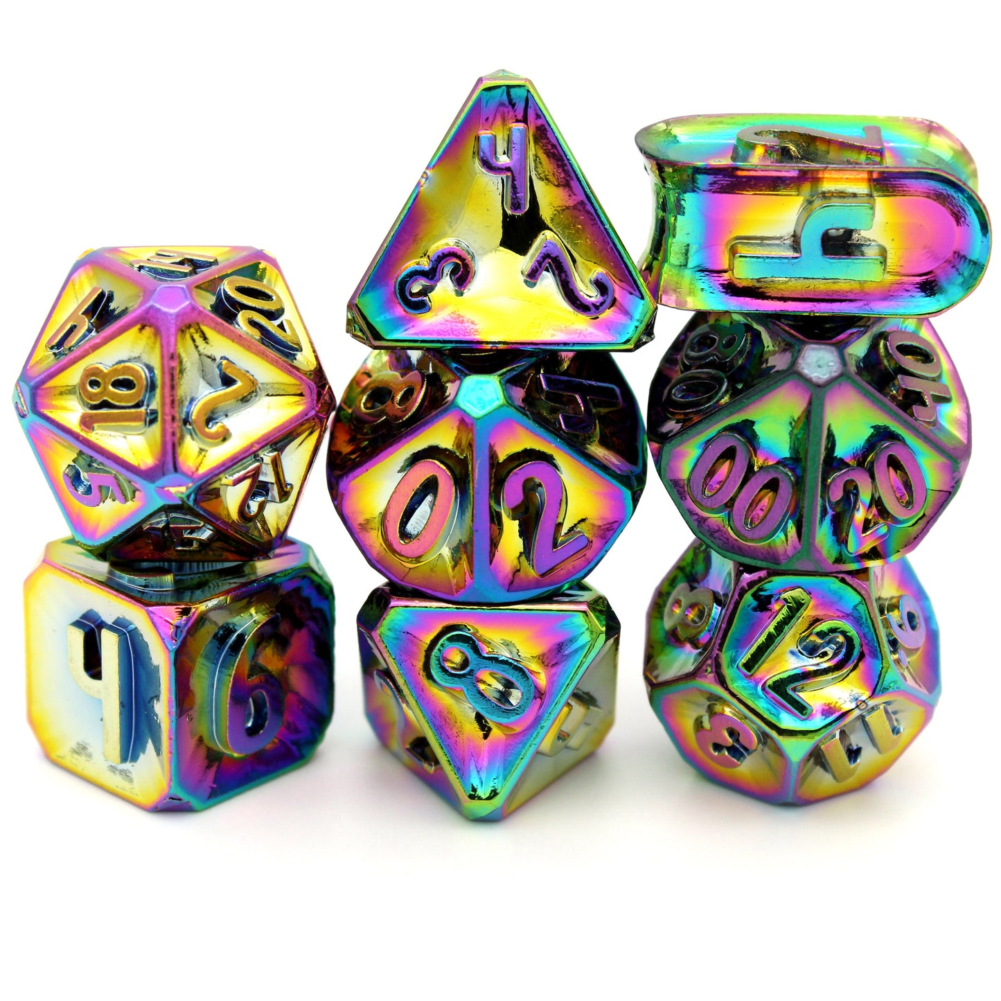 Oath of the Watchers is a Dice Envy Exclusive 8-piece set of zinc-alloy, concave, metal dice - neochrome in all the colors of the astral plane. It is part of the Oathbound collection.