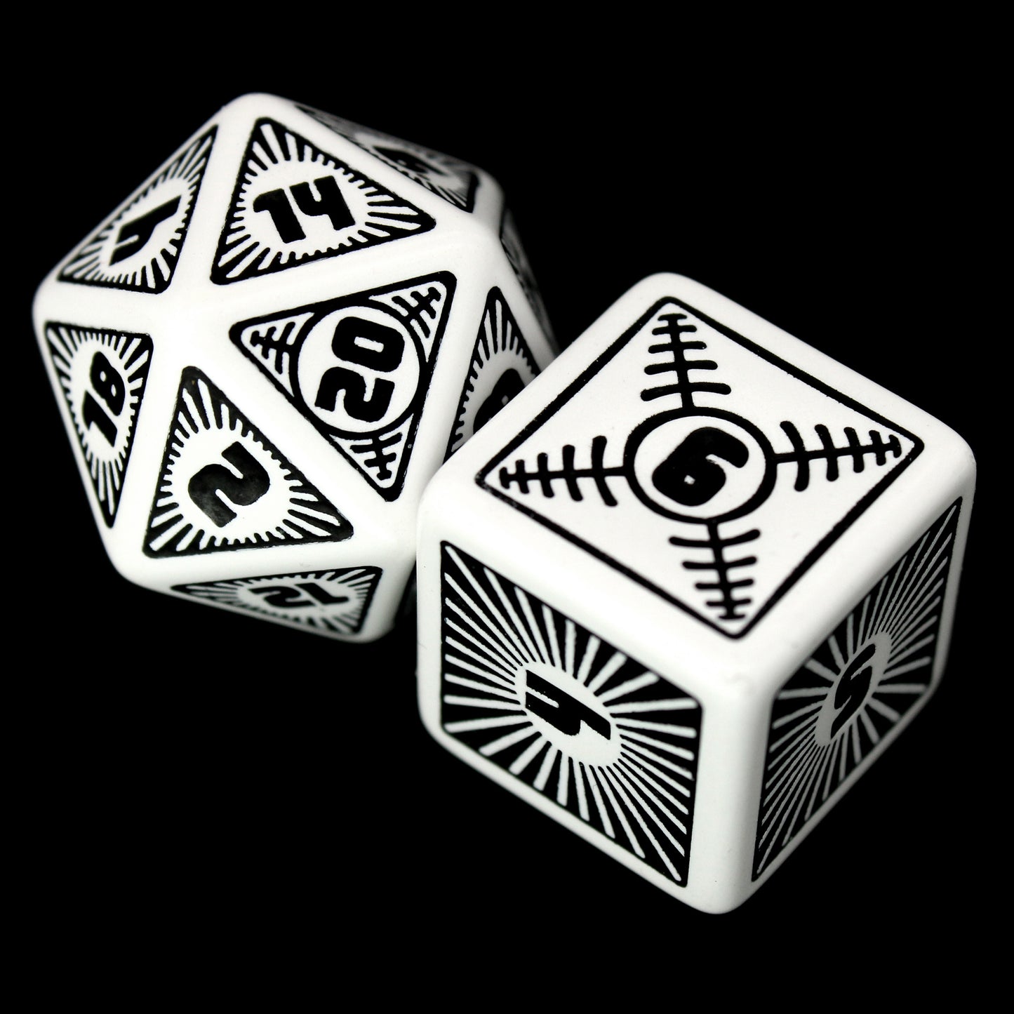 Omega is a reverse colorway of our ultra-popular Alpha dice, all done up to the nines in white acrylic with jet black inking in engraved resin. Make sure your dice bag is white-tie formal ready with Omega!