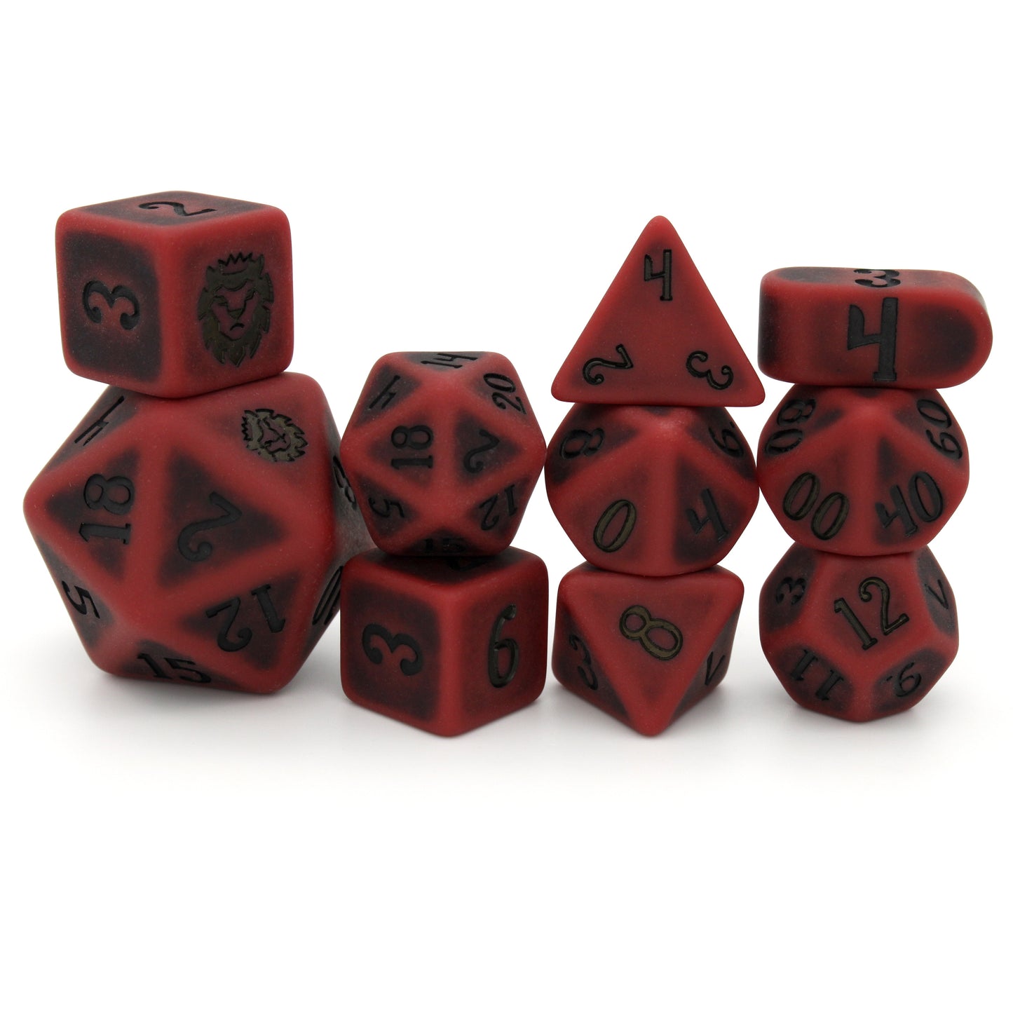 Orc Blood is a 10-piece, hemophiliac-scarlet, resin dice set with a matte finish and darkened center pattern, inked in black.