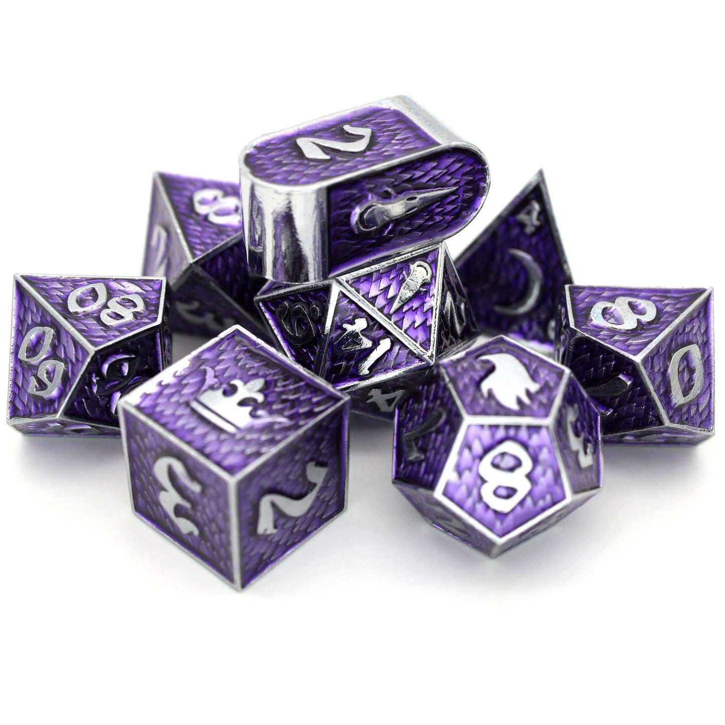 Pactbound is an 8-piece Dice Envy exclusive set of silver metal dice in our Raven Queen mold, cloaked in warlock purple ink.