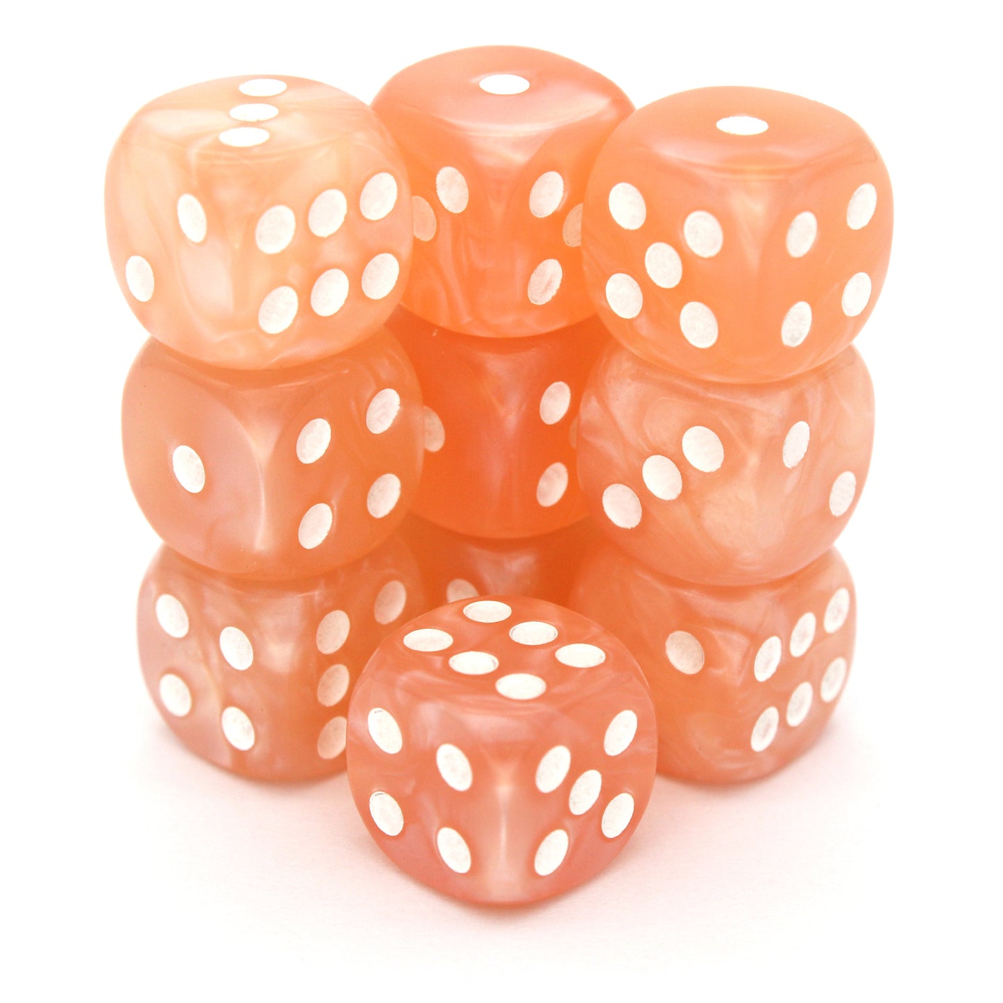 Peach Posse is a 10-piece set of opalescent peach 12mm d6s, with pips inked in white. They are part of our Pip-Squeaks collection.