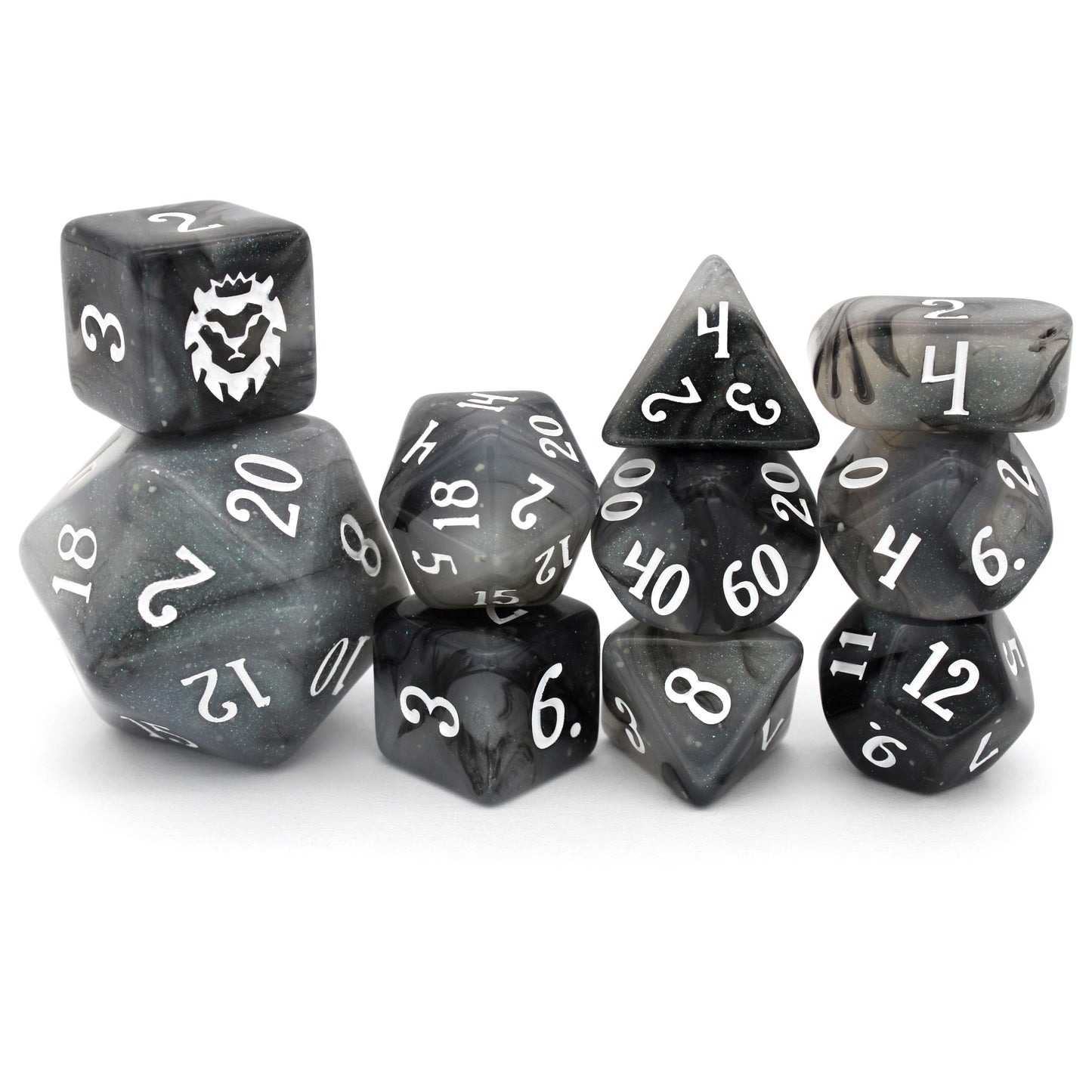 Poison Cloud is a 10-piece, black and grey, glow in the dark resin set with subtle silver micro glitter, inked in white.